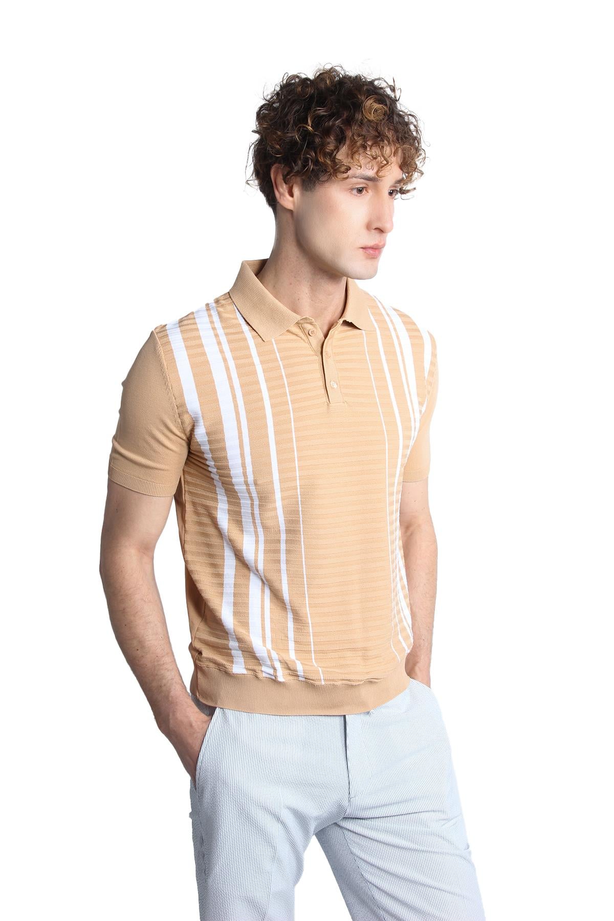 Bej Slim Fit Dar Kalıp Düğmeli Polo Yaka Desenli Kısa Kollu Triko Tişört