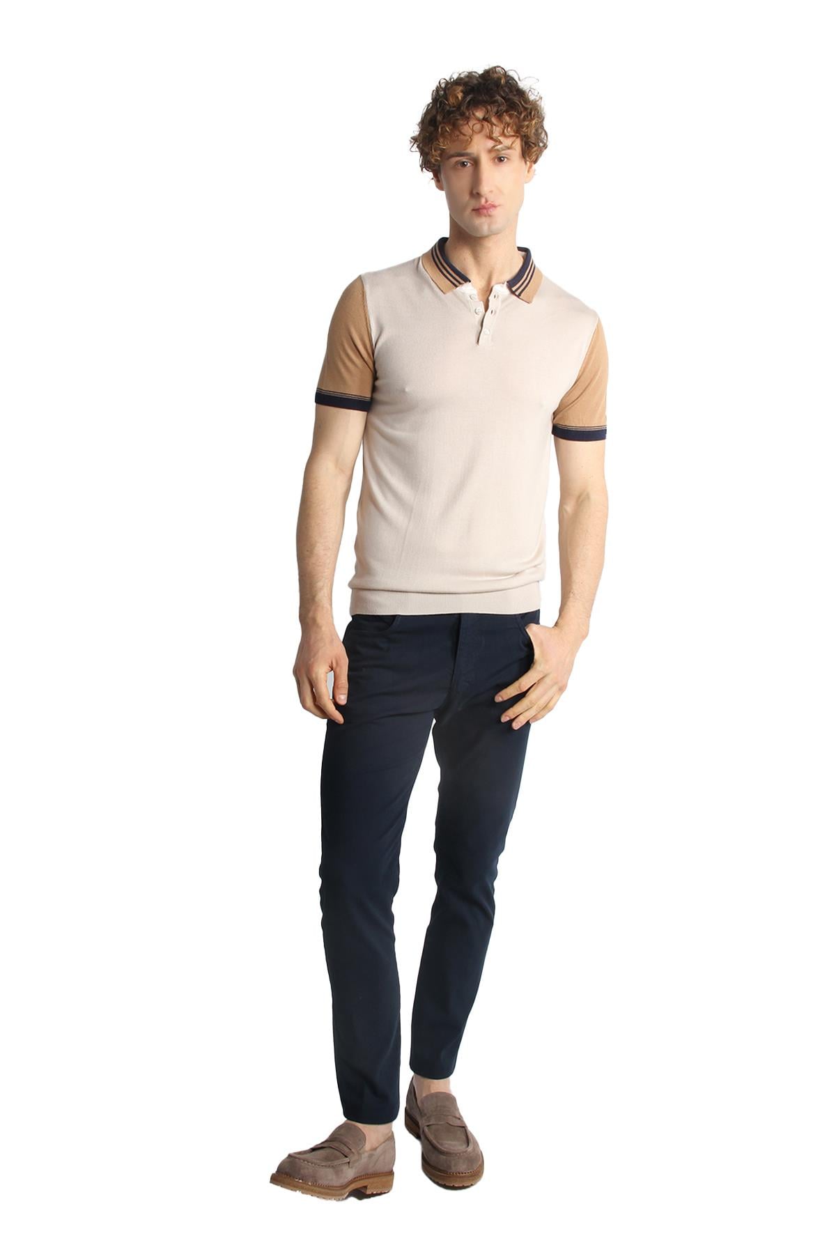 Bej Slim Fit Dar Kalıp Polo Yaka Düz Kısa Kollu Triko Tişört