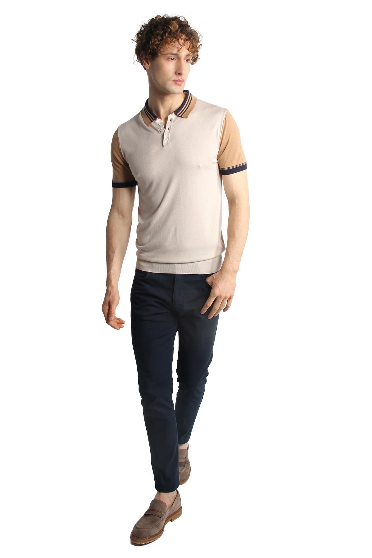 Bej Slim Fit Dar Kalıp Polo Yaka Düz Kısa Kollu Triko Tişört