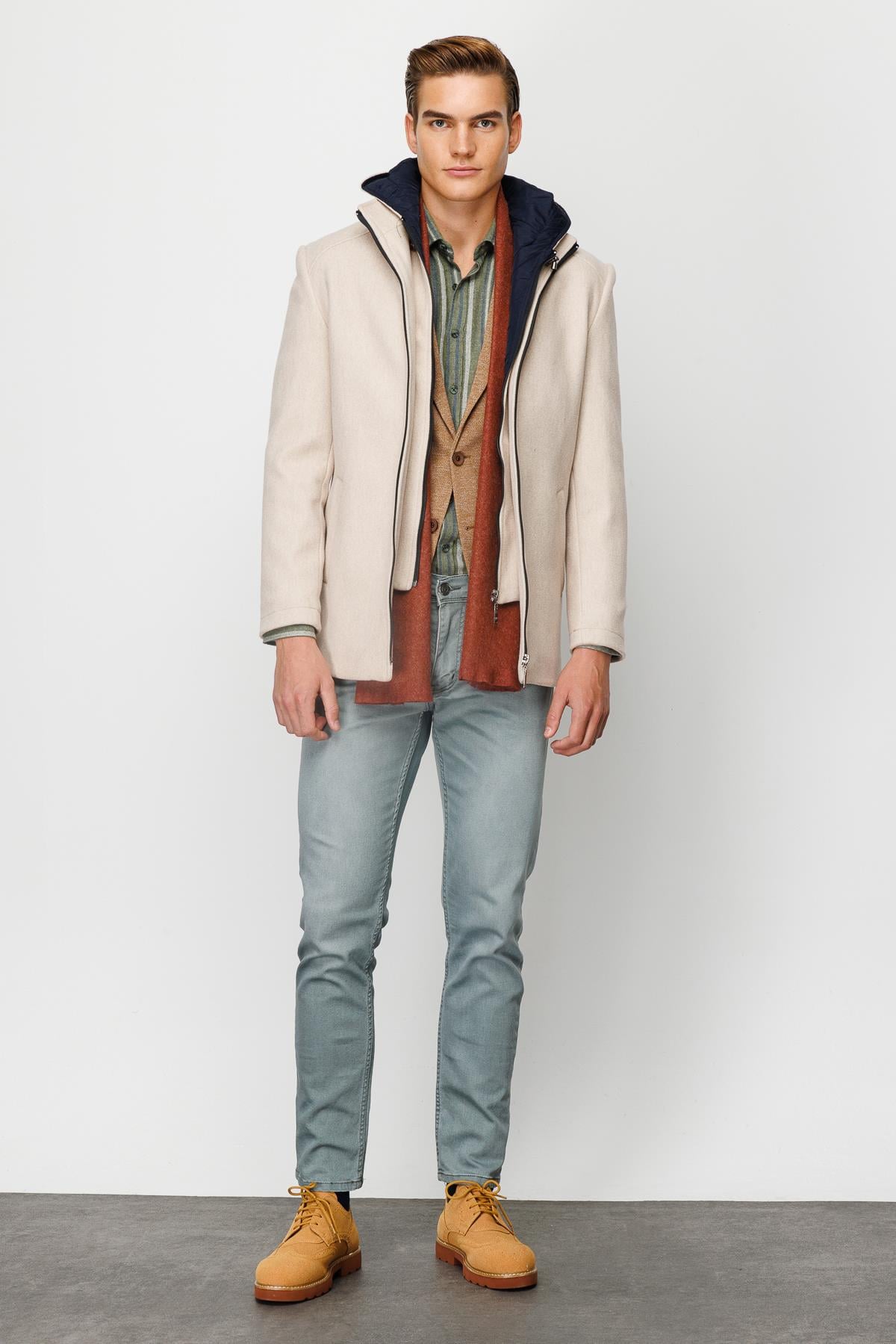 Bej Kapüşonlu Erkek Kaban Fermuarlı Dik Yaka Modern Model