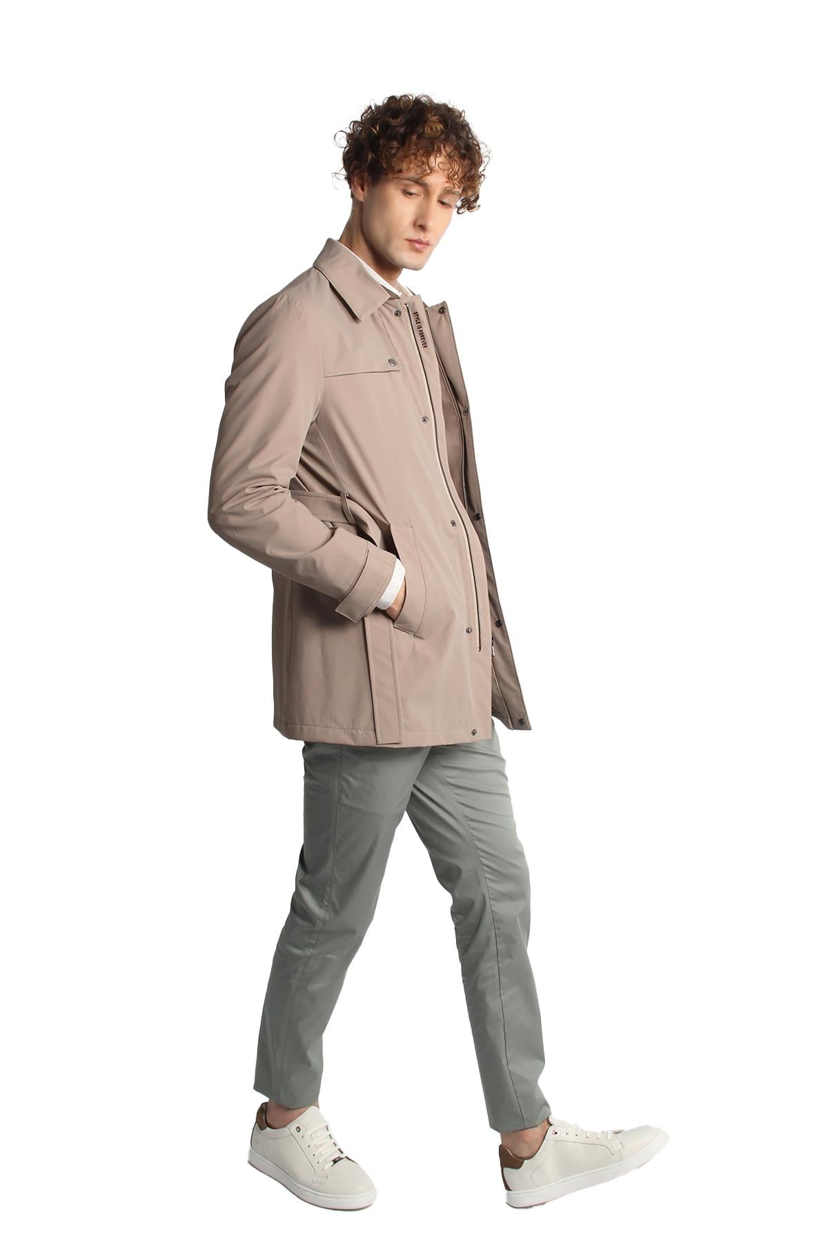Bej Regular Fit Standart Kalıp Gömlek Yaka Polyester Trenç