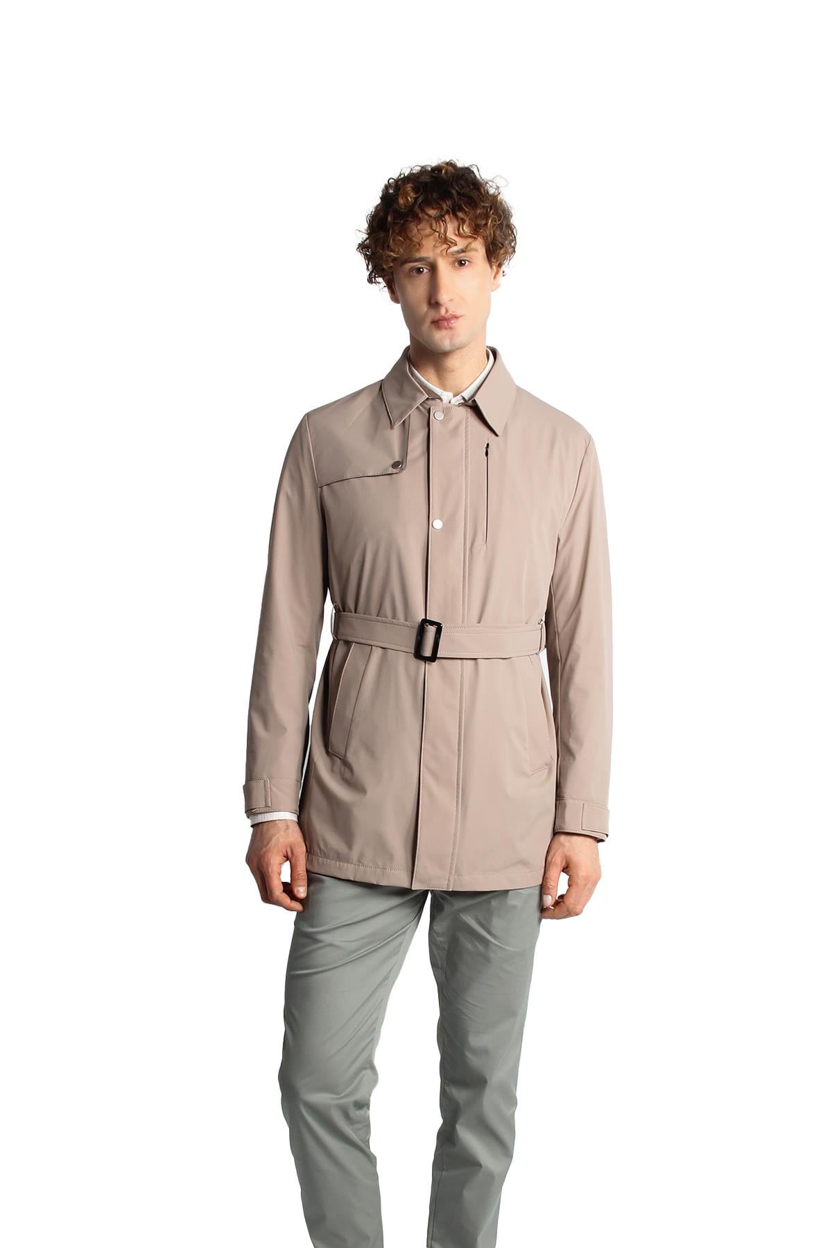 Bej Regular Fit Standart Kalıp Gömlek Yaka Polyester Trenç