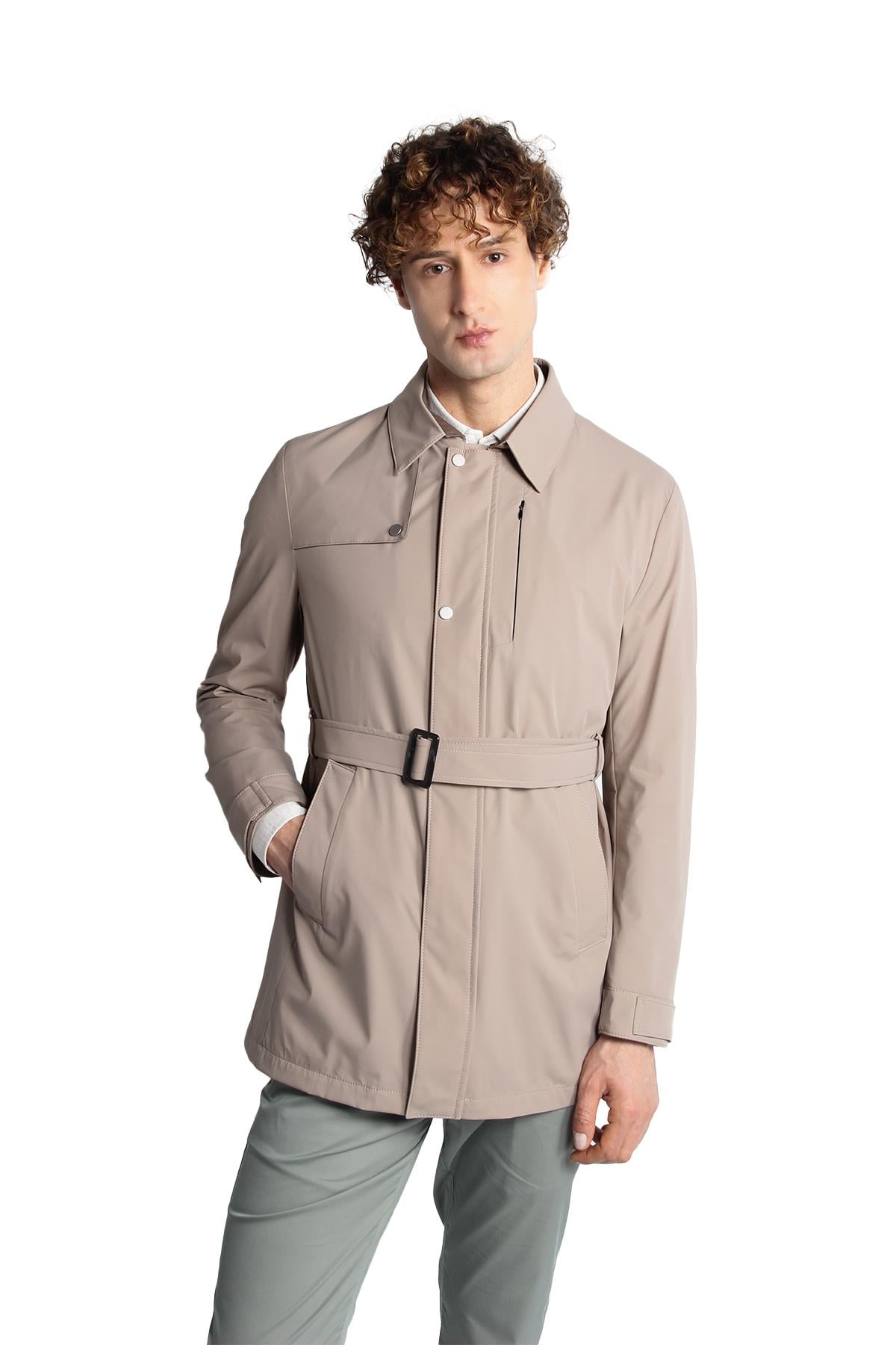 Bej Regular Fit Standart Kalıp Gömlek Yaka Polyester Trenç