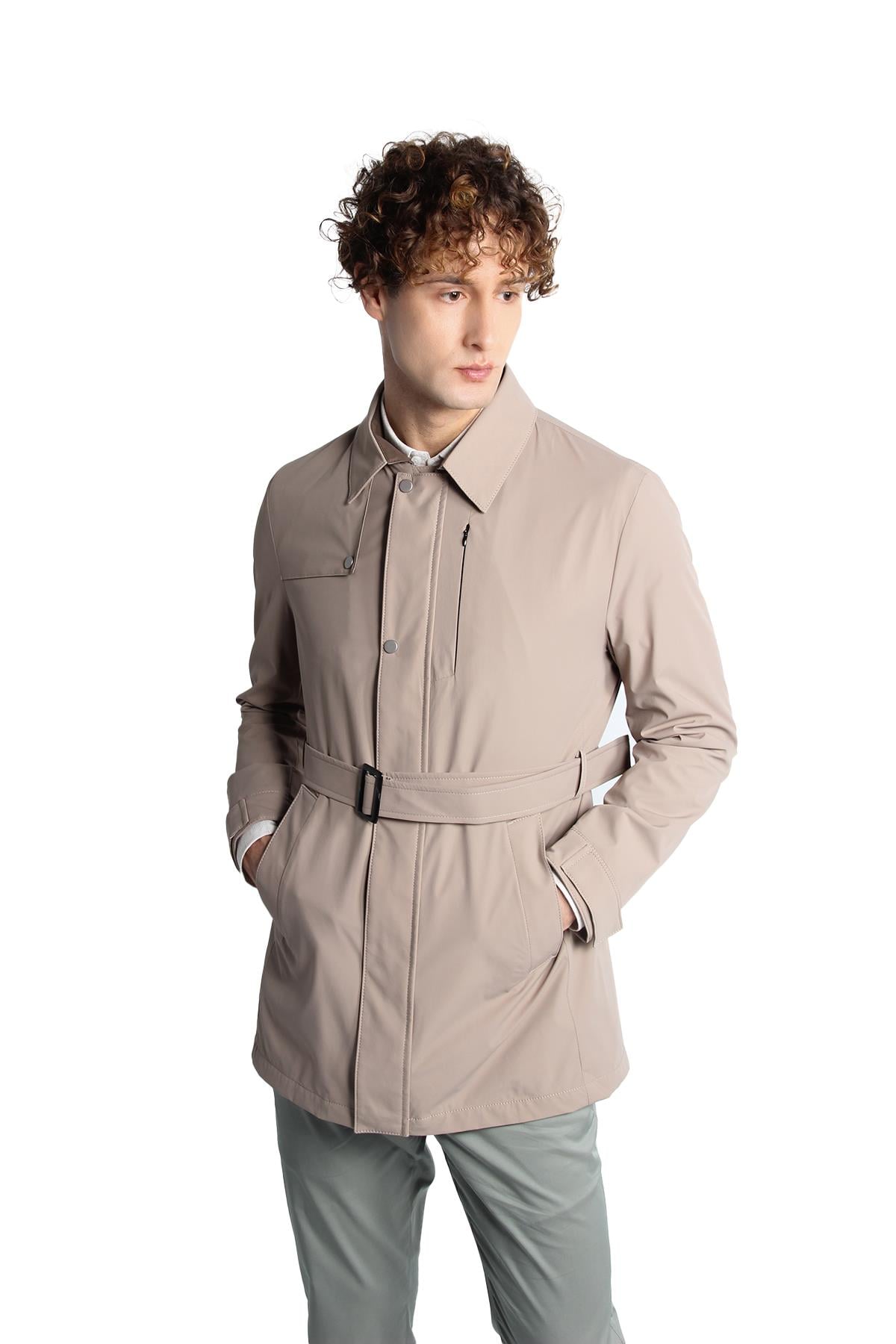 Bej Regular Fit Standart Kalıp Gömlek Yaka Polyester Trenç