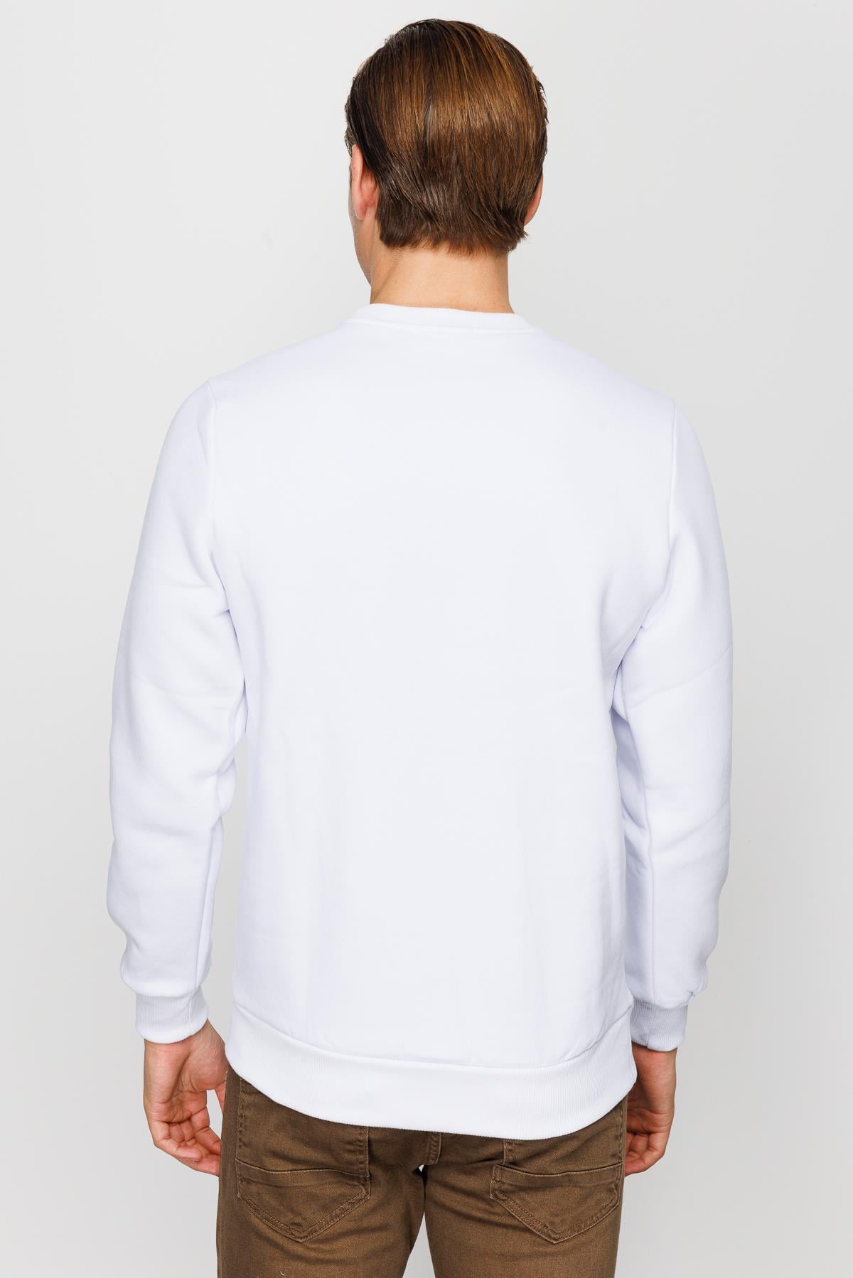 Erkek Beyaz  Bisiklet Yaka Sweatshirt