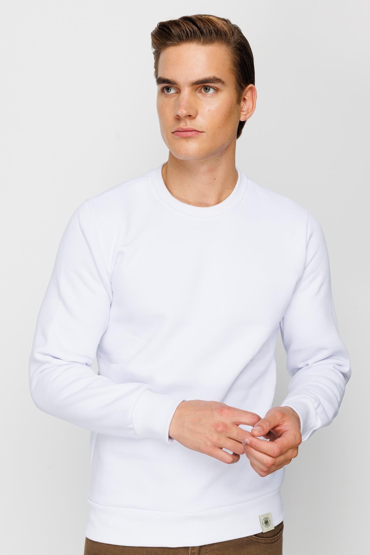 Erkek Beyaz  Bisiklet Yaka Sweatshirt