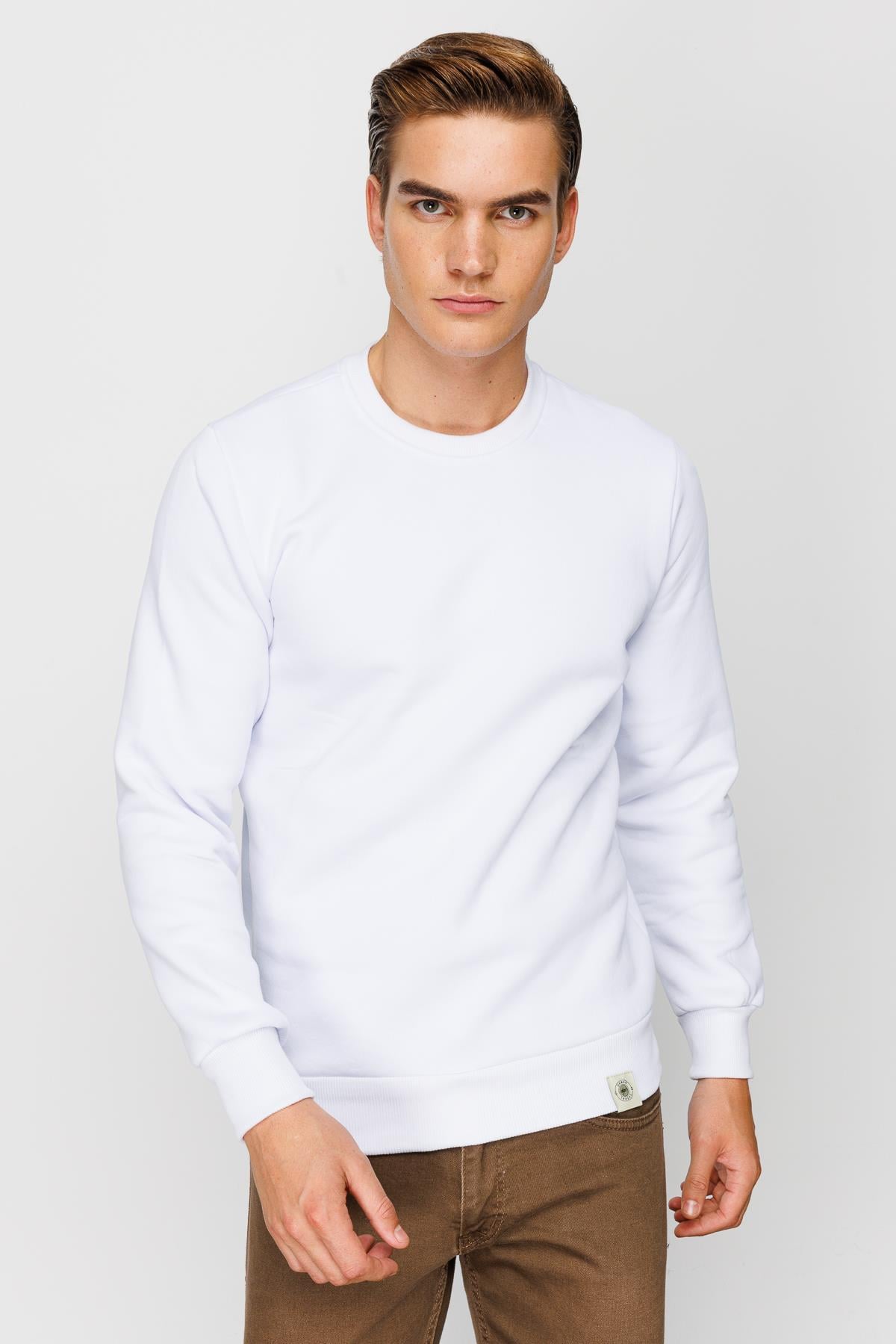 Erkek Beyaz  Bisiklet Yaka Sweatshirt