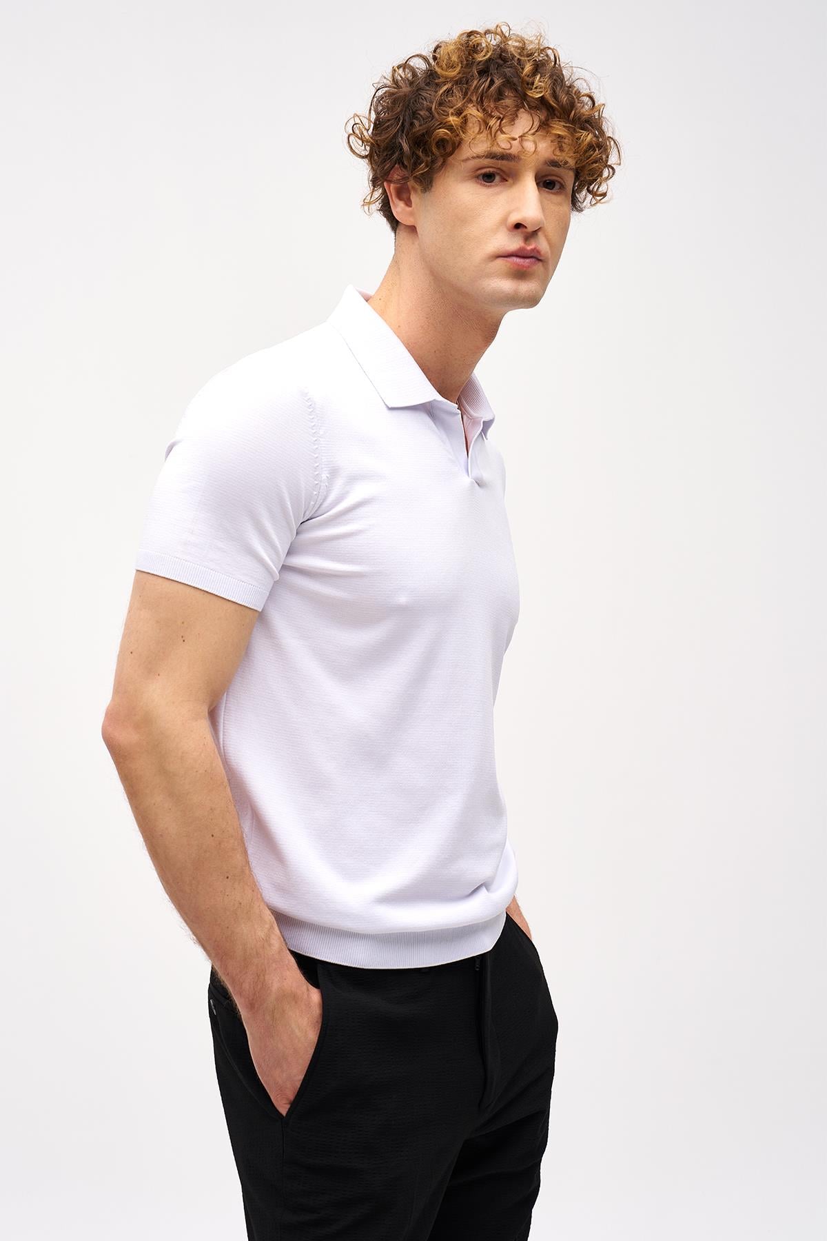 Erkek Beyaz Slim Fit Dar Kalıp Polo Yaka Düz Kısa Kollu Triko Tişört