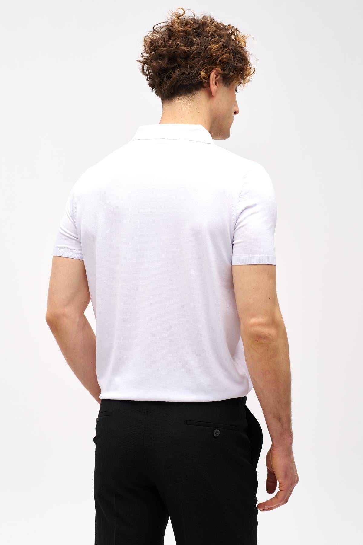 Erkek Beyaz Slim Fit Dar Kalıp Polo Yaka Düz Kısa Kollu Triko Tişört