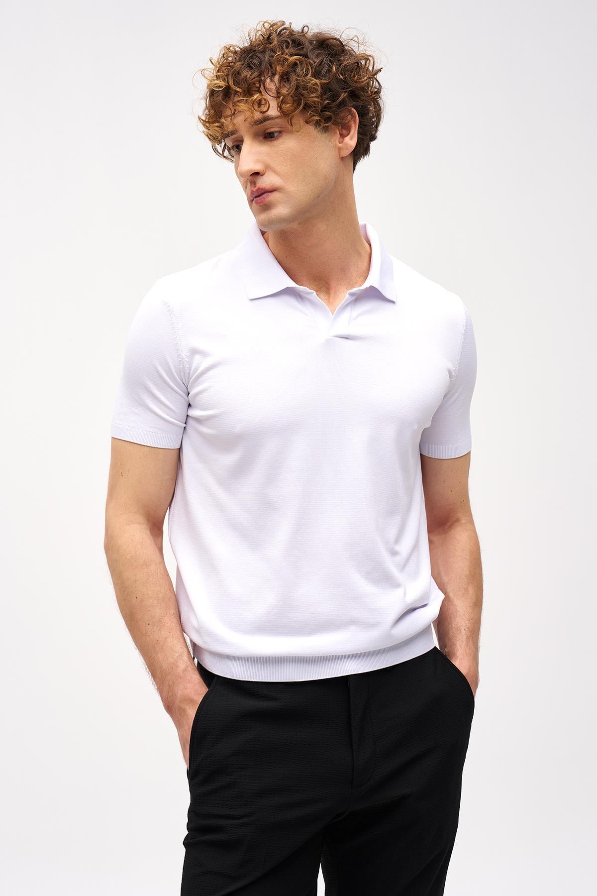 Erkek Beyaz Slim Fit Dar Kalıp Polo Yaka Düz Kısa Kollu Triko Tişört