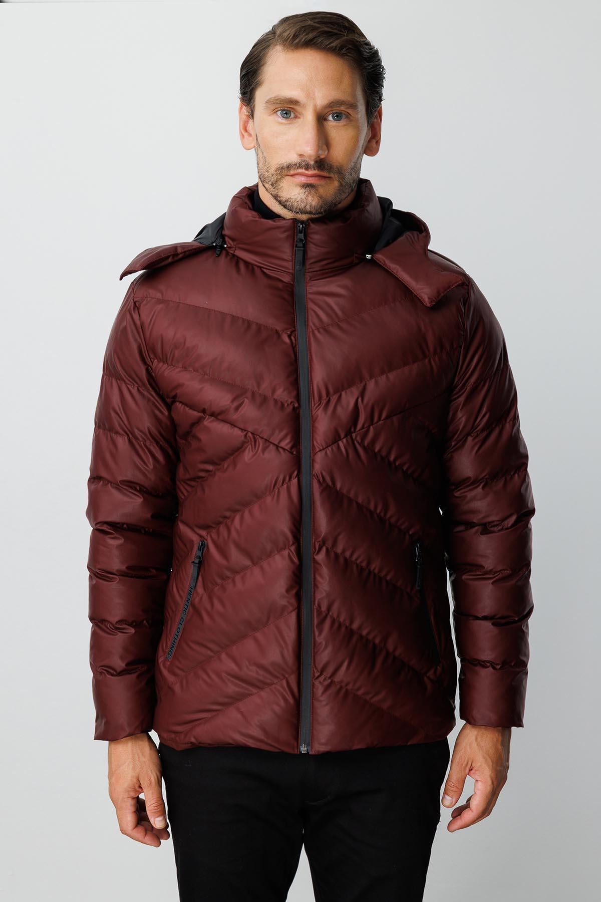 Bordo Standart Fit Kapüşonlu Kapitone Şişme Spor Erkek Mont