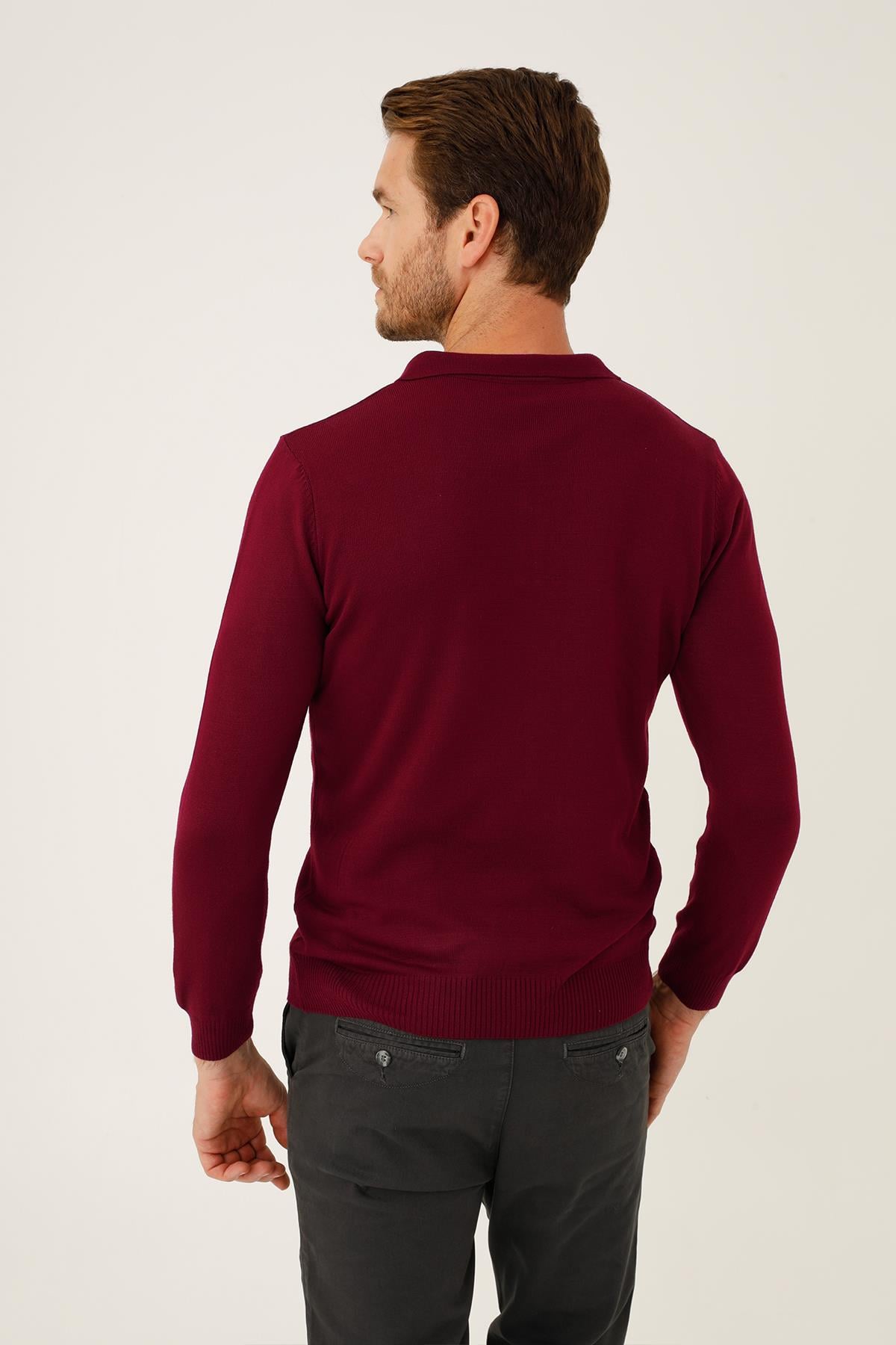 Bordo Standart Fit Dar Kalıp Polo Yaka Düğmeli Düz Uzun Kollu Triko