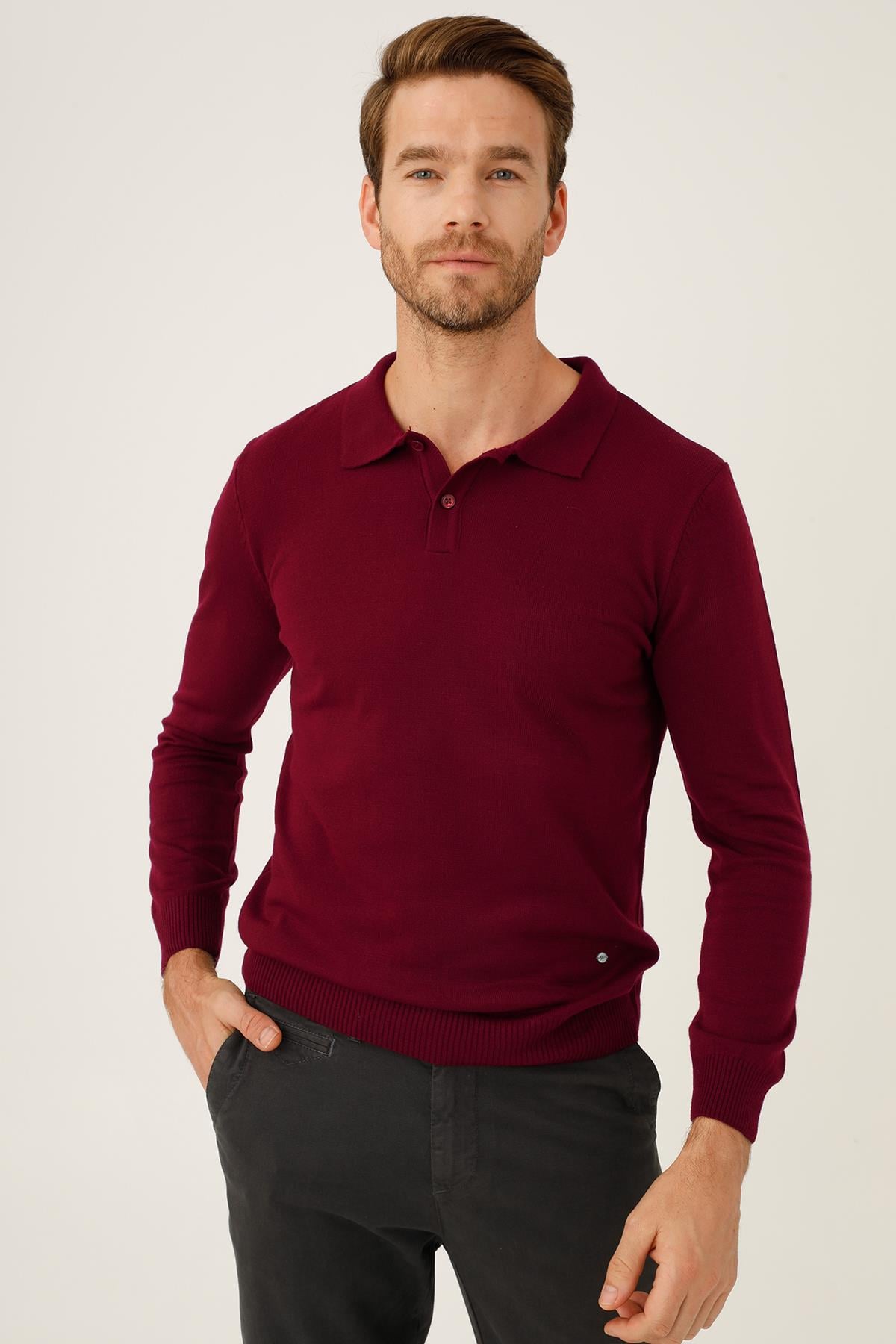 Bordo Standart Fit Dar Kalıp Polo Yaka Düğmeli Düz Uzun Kollu Triko