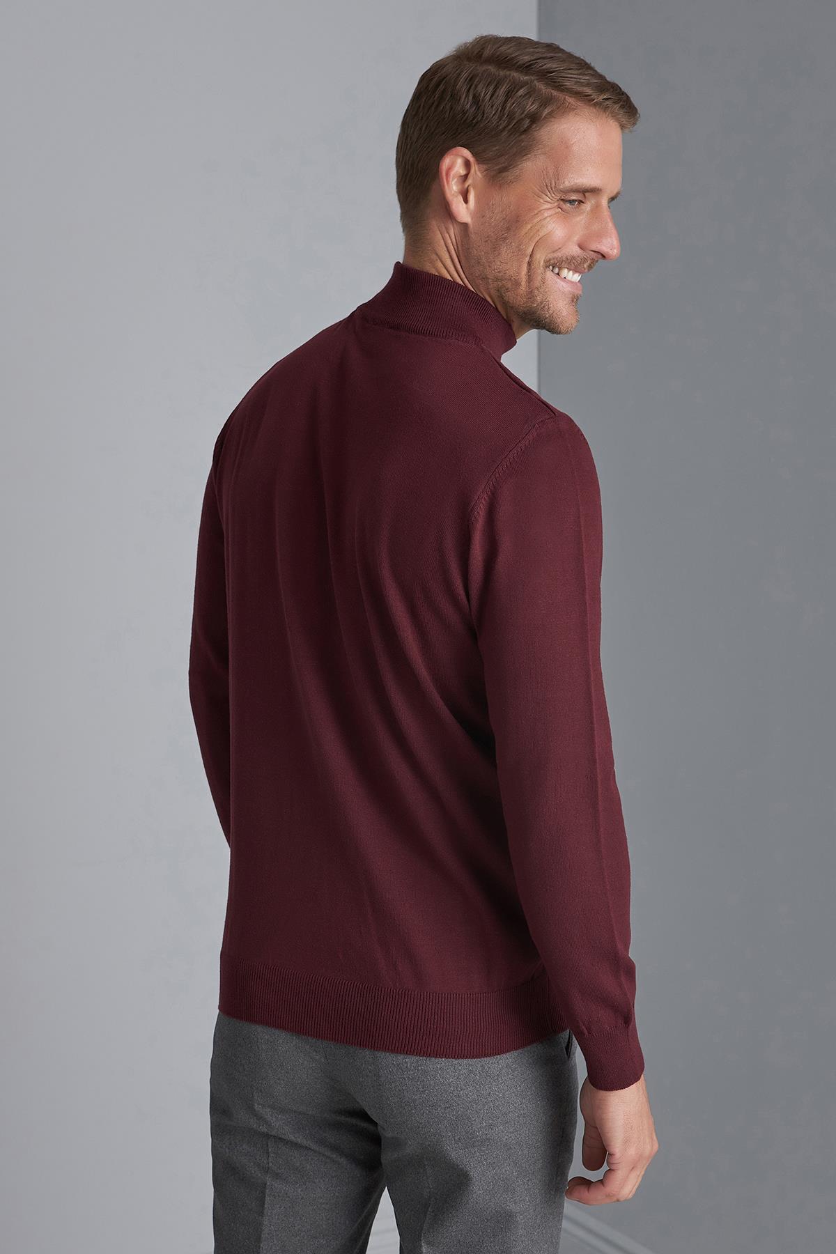 Bordo Modern Fit Ekstra Dar Kalıp Bisiklet Yaka Düz Uzun Kollu Triko