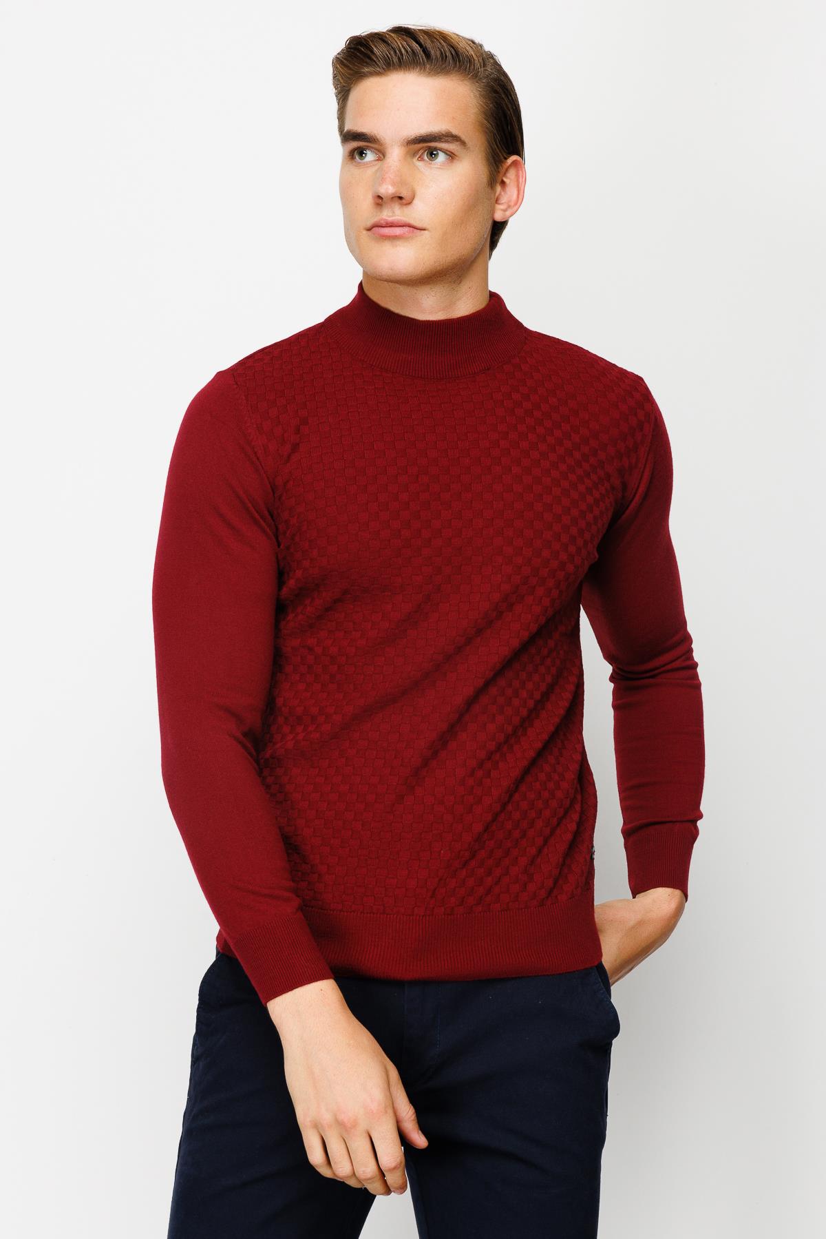 Bordo Standart Fit Dar Kalıp Yarım Balıkçı Düz Uzun Kollu Triko