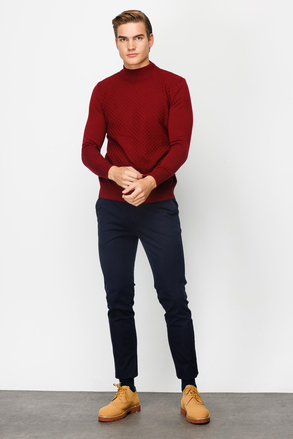Bordo Standart Fit Dar Kalıp Yarım Balıkçı Düz Uzun Kollu Triko