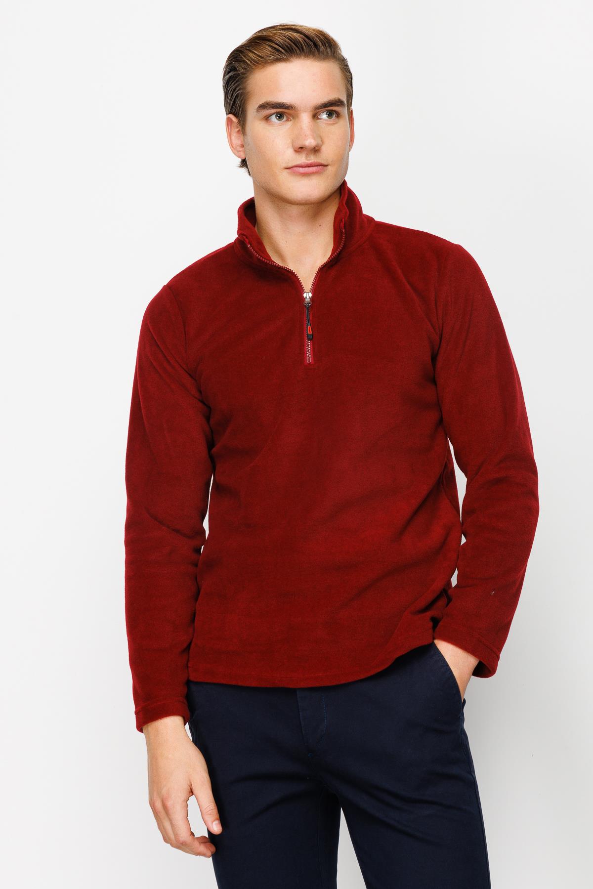 Bordo Erkek Yarım Fermuar Polar Sweatshirt Dik Yaka Model