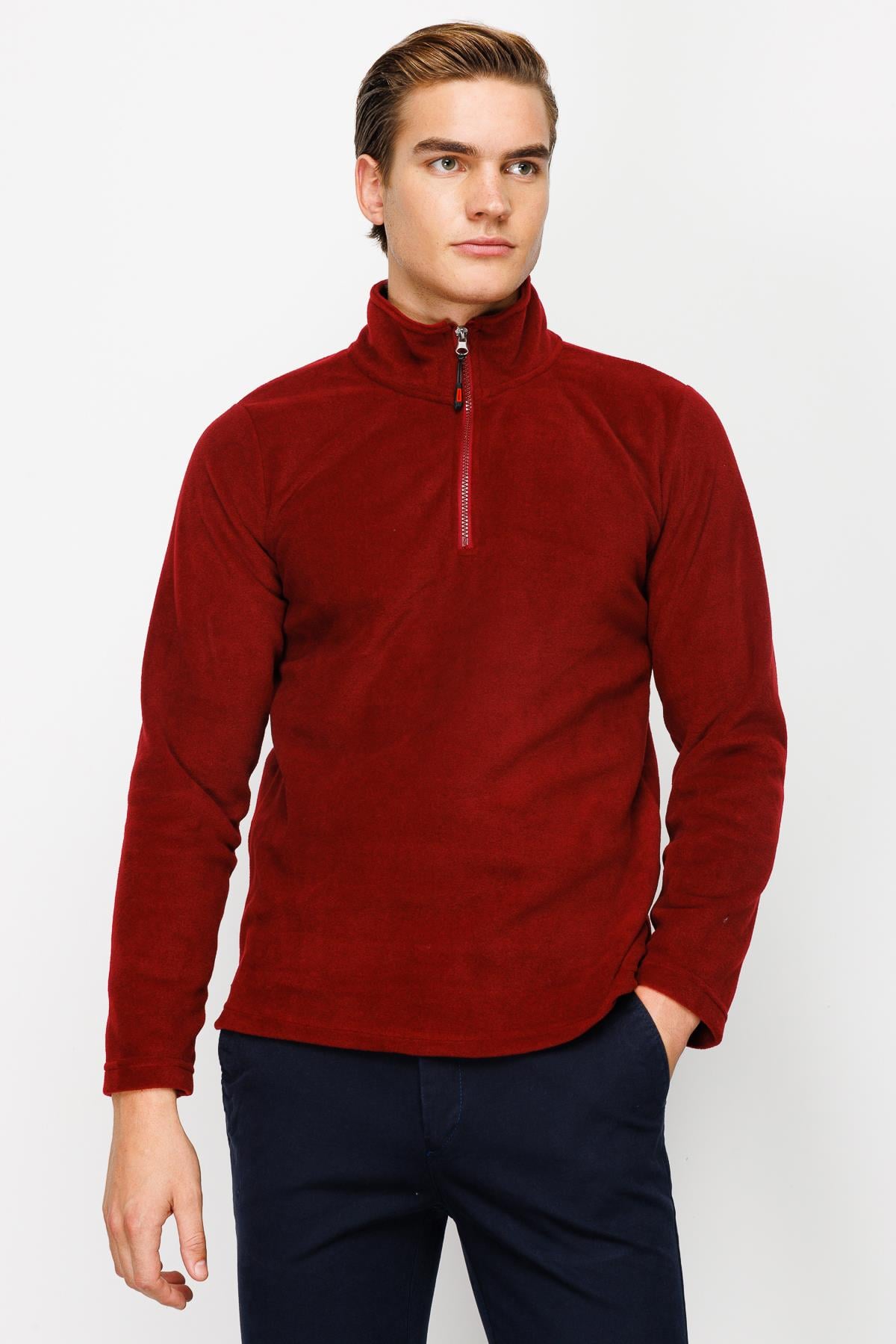 Bordo Erkek Yarım Fermuar Polar Sweatshirt Dik Yaka Model