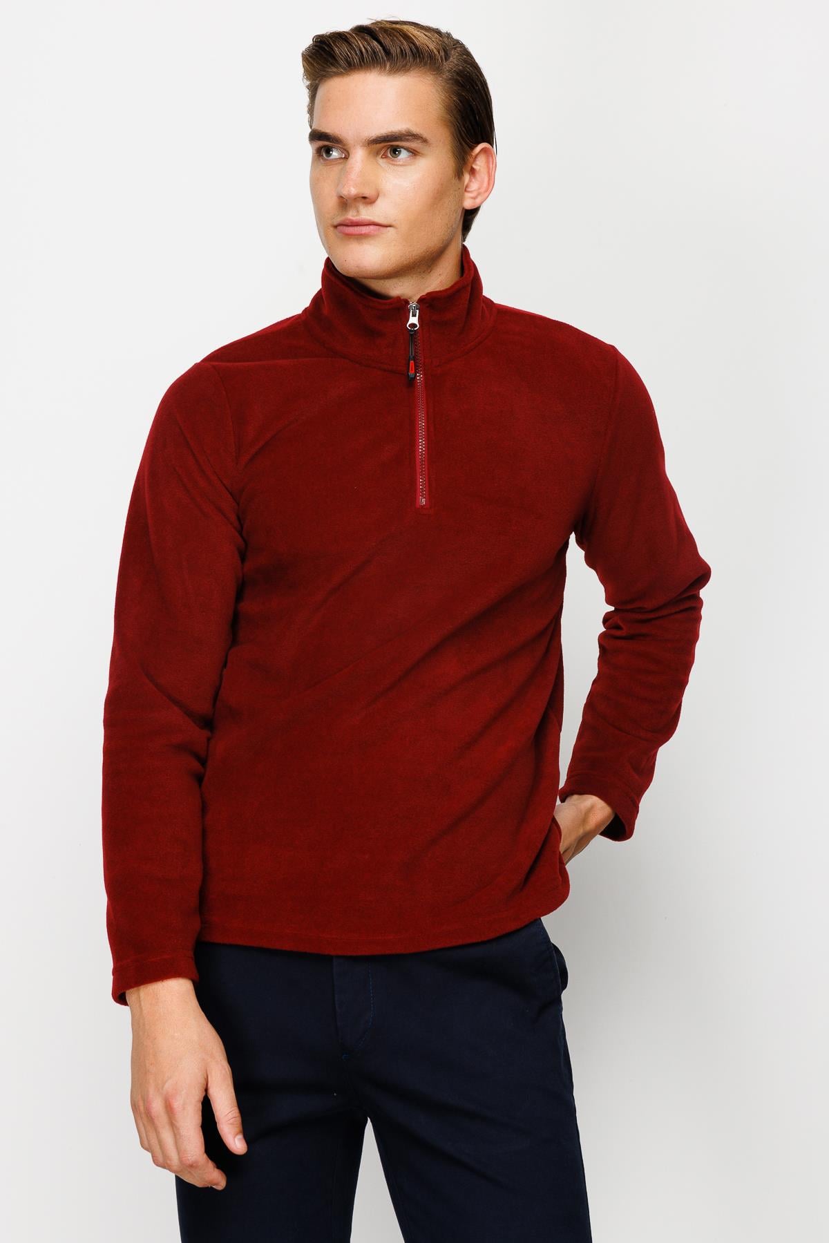 Bordo Erkek Yarım Fermuar Polar Sweatshirt Dik Yaka Model