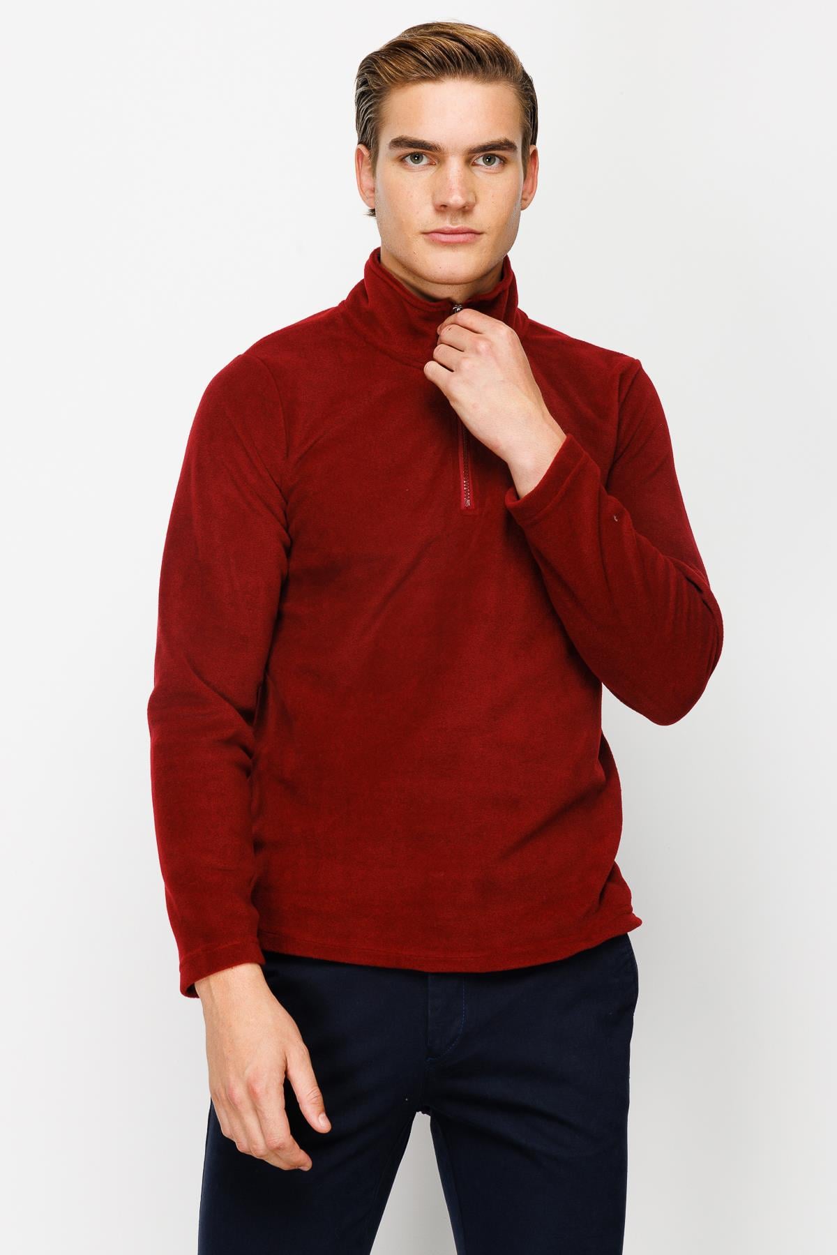 Bordo Erkek Yarım Fermuar Polar Sweatshirt Dik Yaka Model