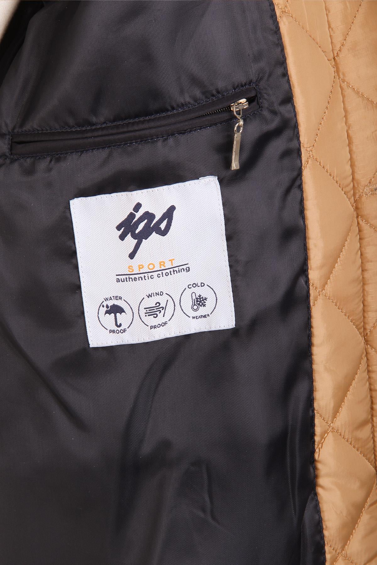 Camel Standart Fit Kapitone Düğmeli Ceket Yaka Düz Uzun Kollu Erkek Mont