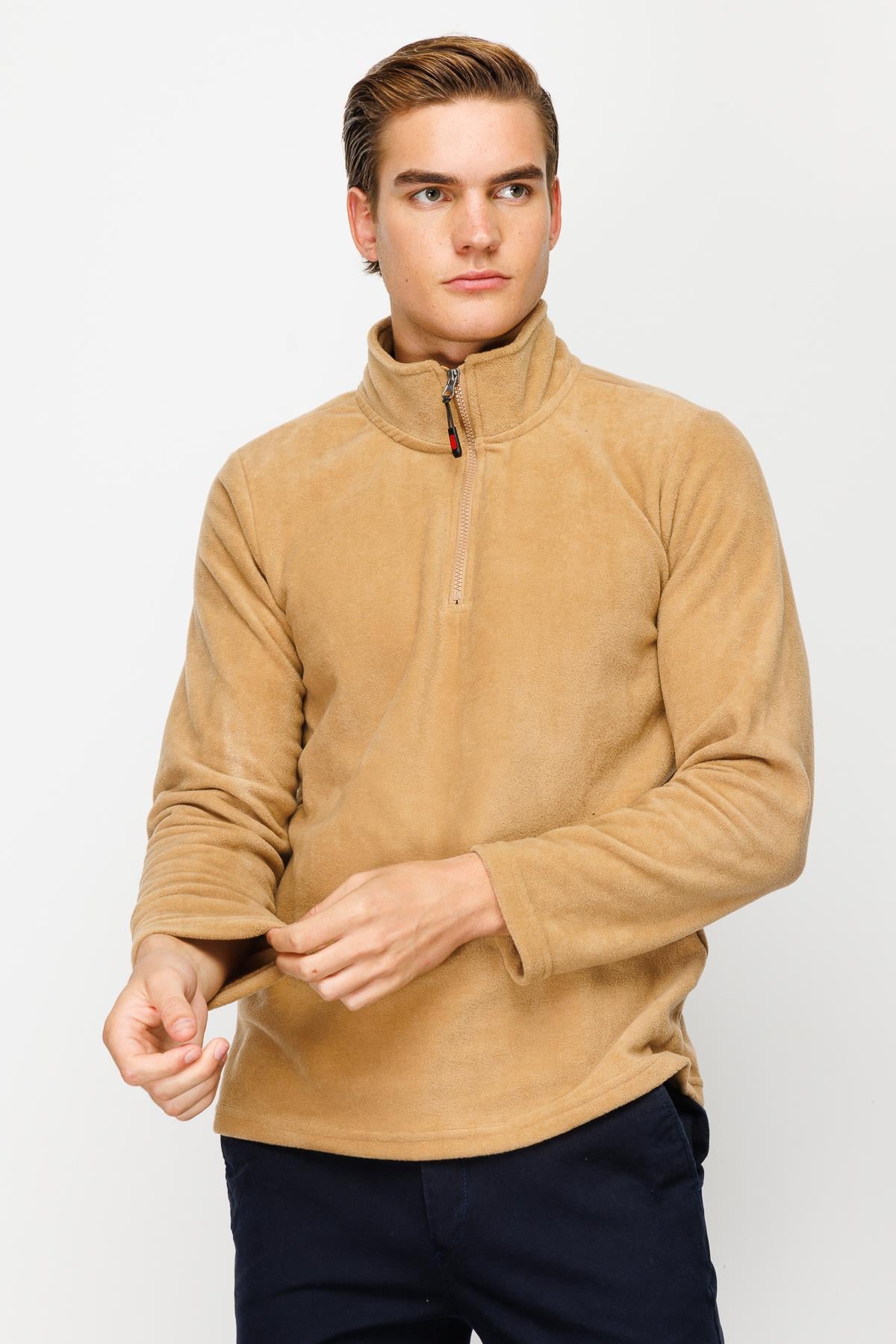 Camel Erkek Yarım Fermuar Polar Sweatshirt Dik Yaka Model