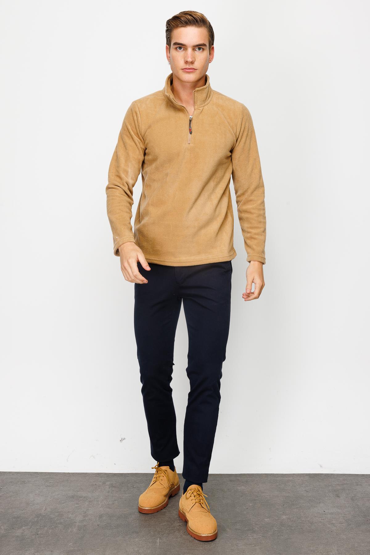Camel Erkek Yarım Fermuar Polar Sweatshirt Dik Yaka Model