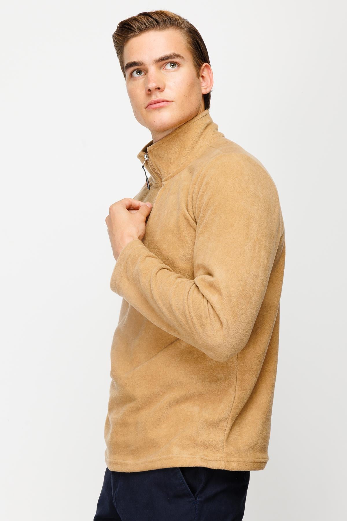 Camel Erkek Yarım Fermuar Polar Sweatshirt Dik Yaka Model