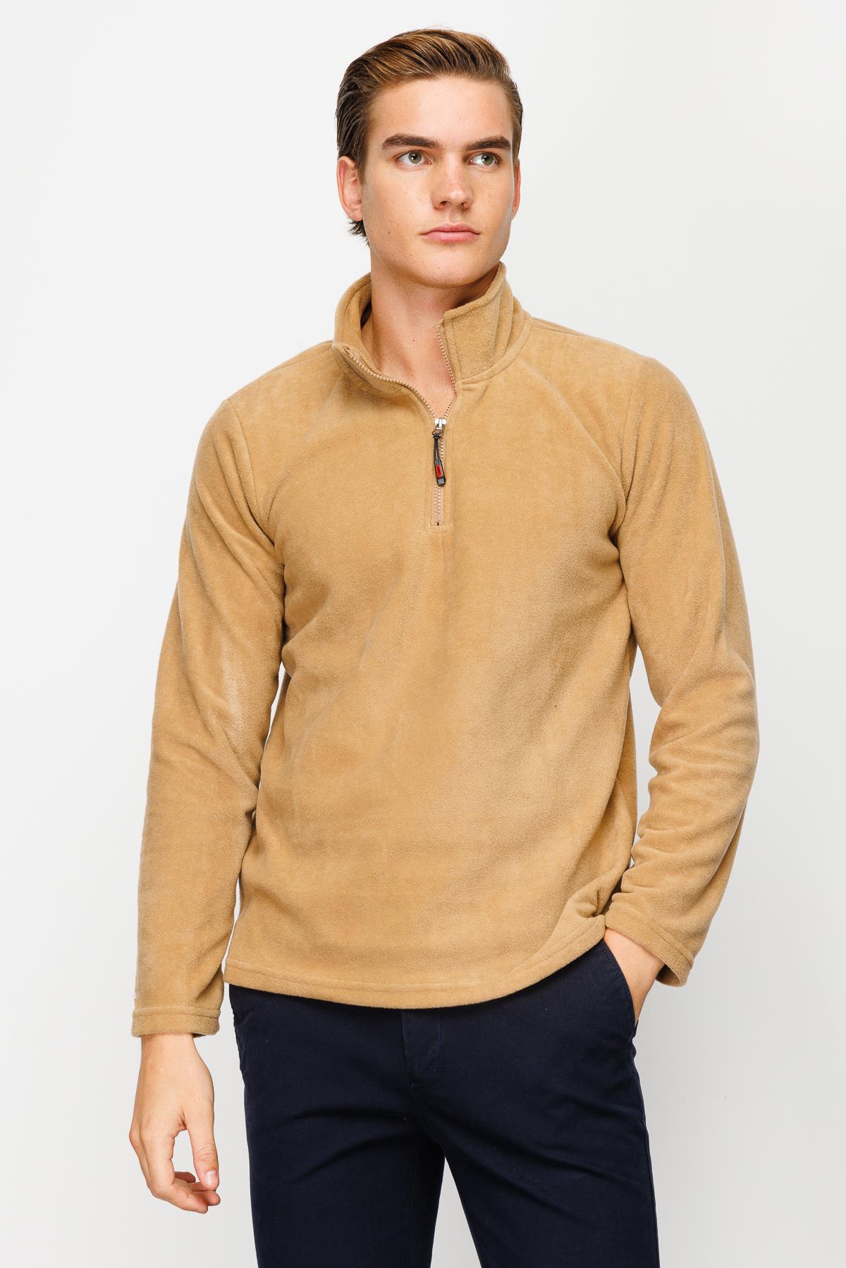 Camel Erkek Yarım Fermuar Polar Sweatshirt Dik Yaka Model