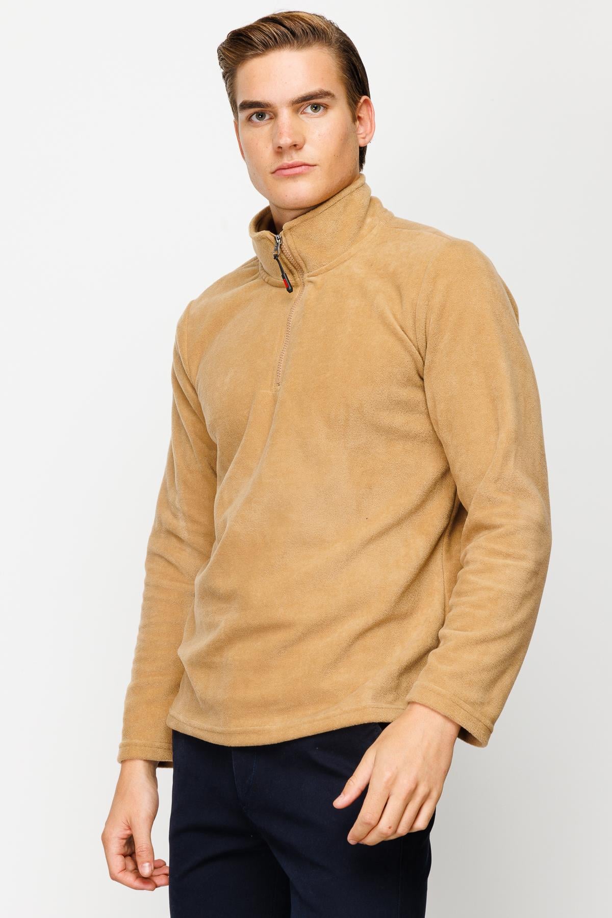 Camel Erkek Yarım Fermuar Polar Sweatshirt Dik Yaka Model