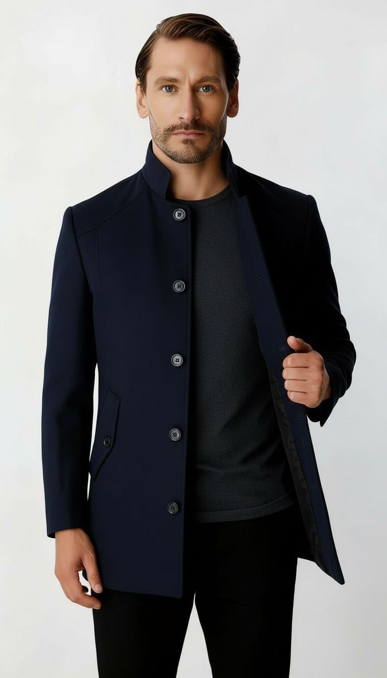 Lacivert Dik Yaka Erkek Kaban Düğmeli Klasik Modern Model