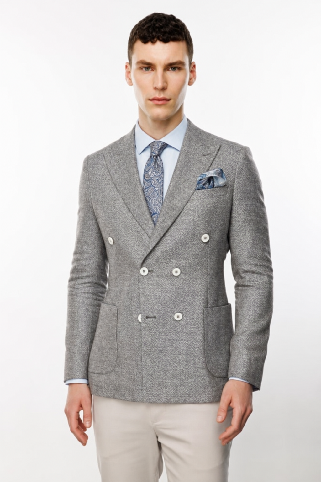 Erkek Gri Slim Fit Dar Kalıp Geniş Kırlangıç Yaka Desenli Ceket