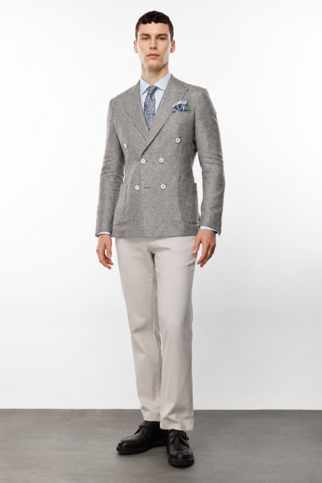 Erkek Gri Slim Fit Dar Kalıp Geniş Kırlangıç Yaka Desenli Ceket