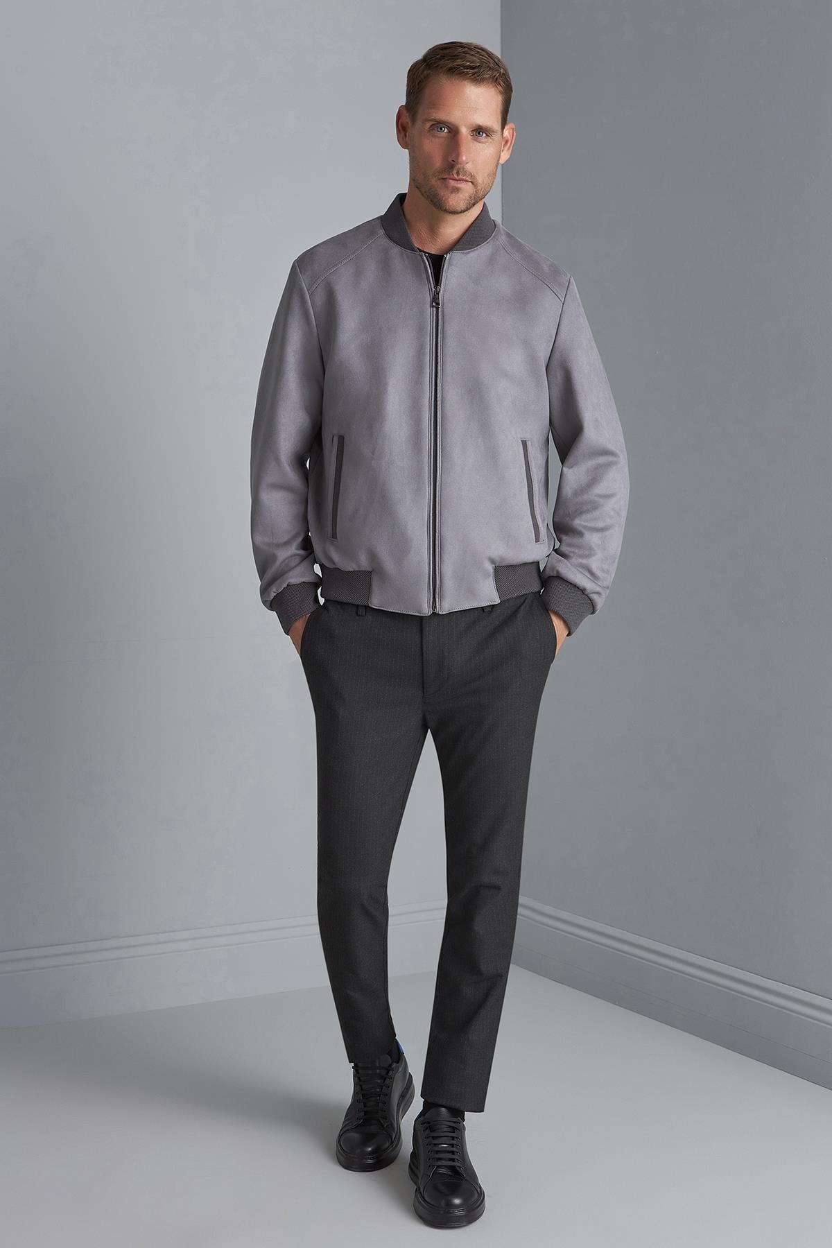 Gri Erkek Kısa Kaban Fermuarlı Dik Yaka Modern Model