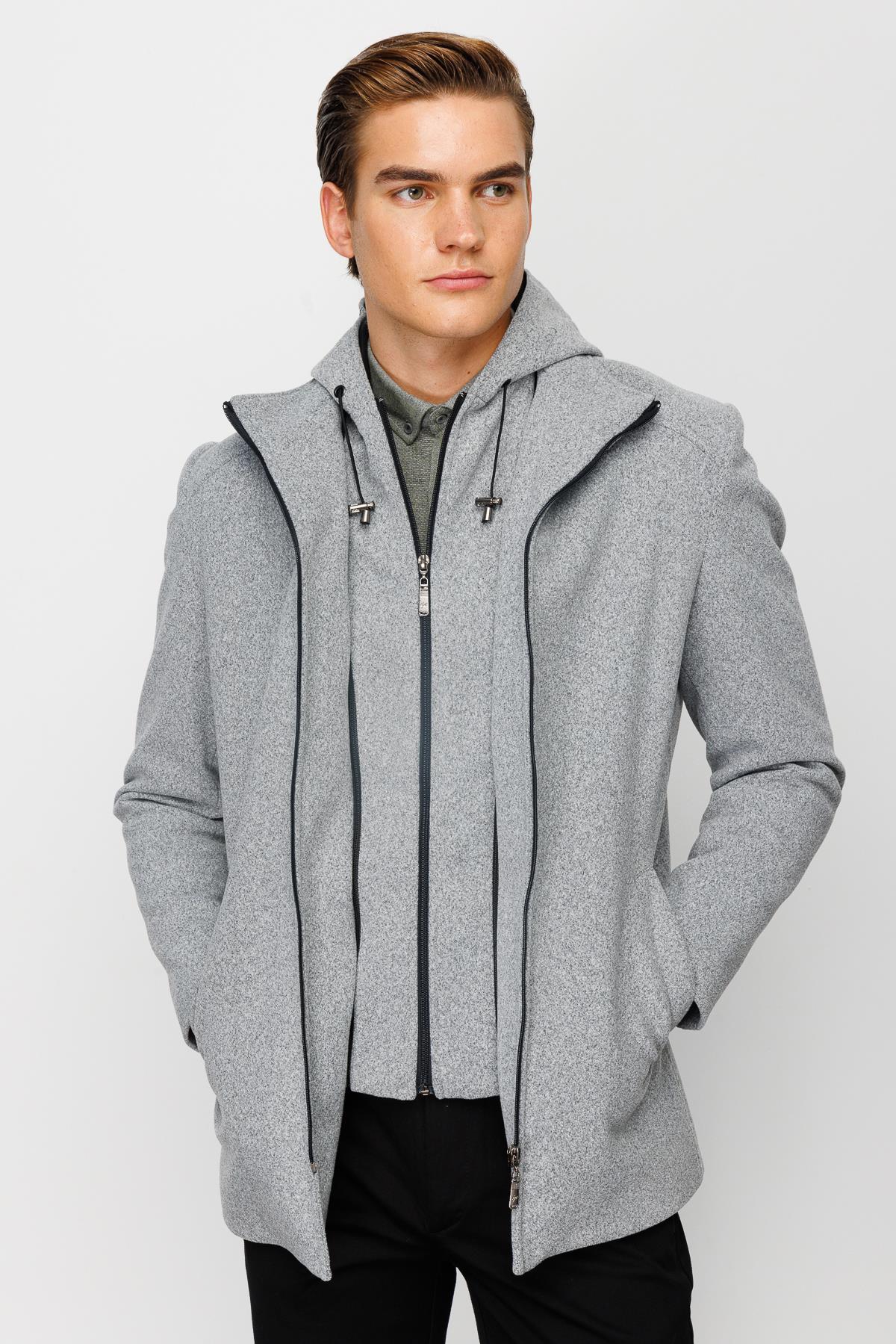 Gri Kapüşonlu Erkek Kaban Fermuarlı Dik Yaka Modern Model