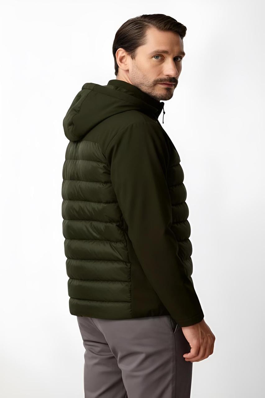 Haki Standart Fit Kapüşonlu Kapitone Gövdeli Fermuarlı Hibrit Erkek Mont