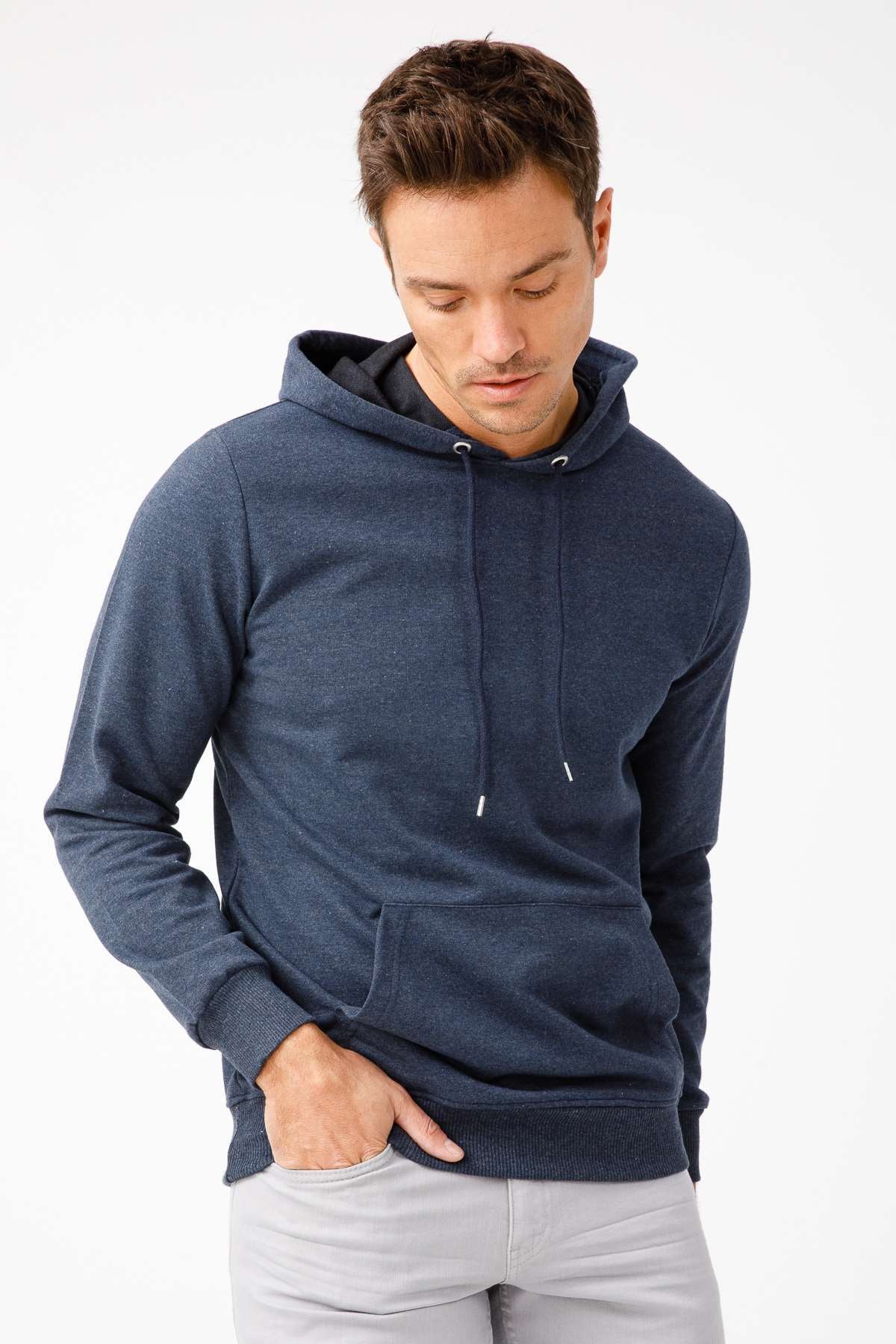 Erkek İndigo Modernfit / Ekstra Dar Kalıp Kapşonlu Fermuarsız Sweatshirt