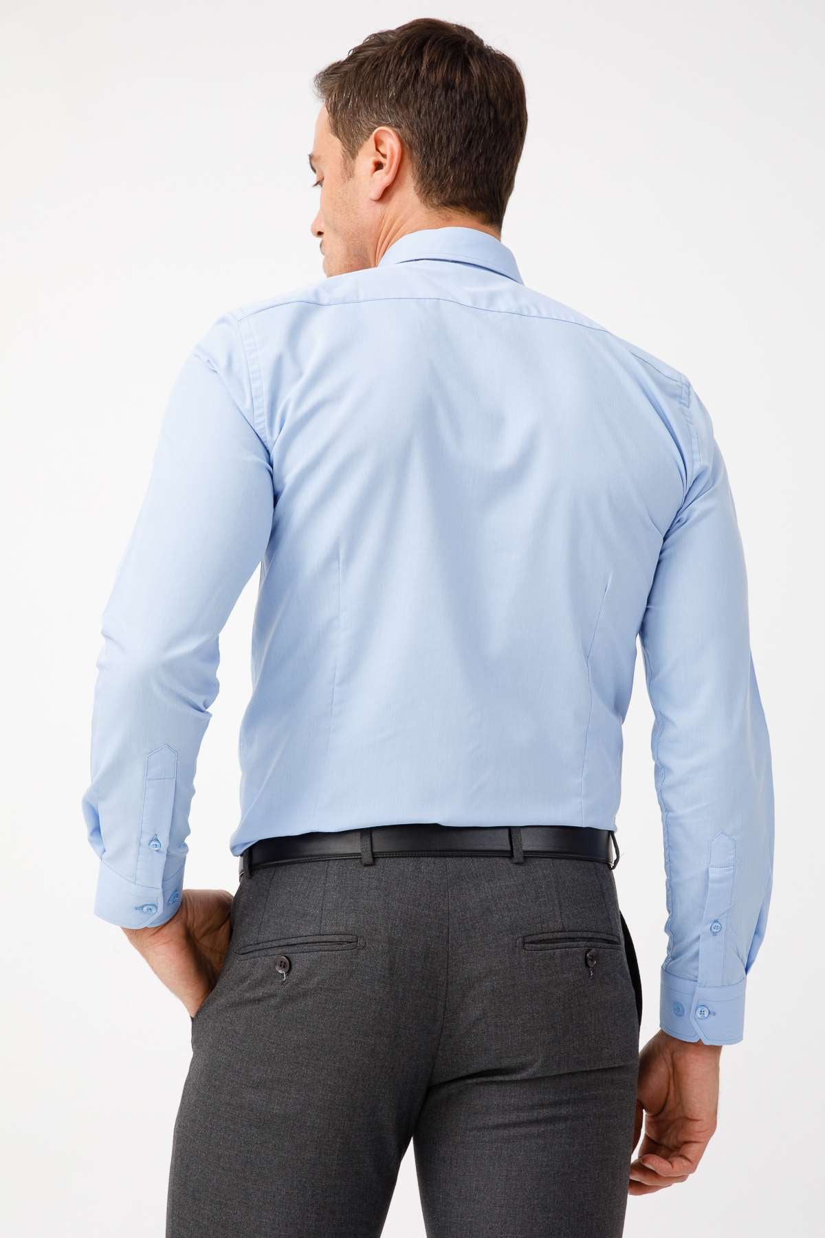 Koyu Mavi Slim Fit Dar Kalıp Klasik Yaka Düz Uzun Kollu Cepsiz Kolay Ütülenir Gömlek