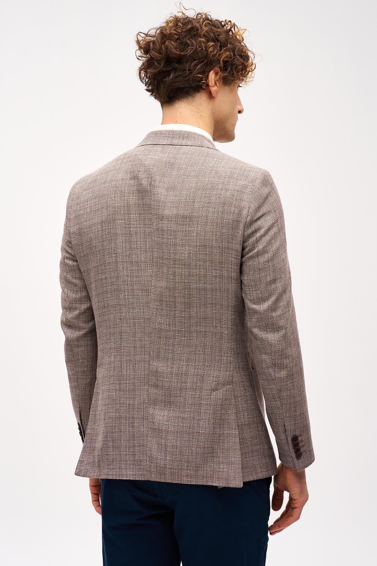 Kahve Slim Fit Dar Kalıp Kırlangıç Yaka Çizgili Uzun Kollu Pamuklu Ceket