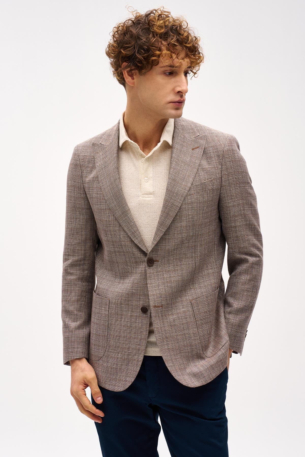Kahve Slim Fit Dar Kalıp Kırlangıç Yaka Çizgili Uzun Kollu Pamuklu Ceket