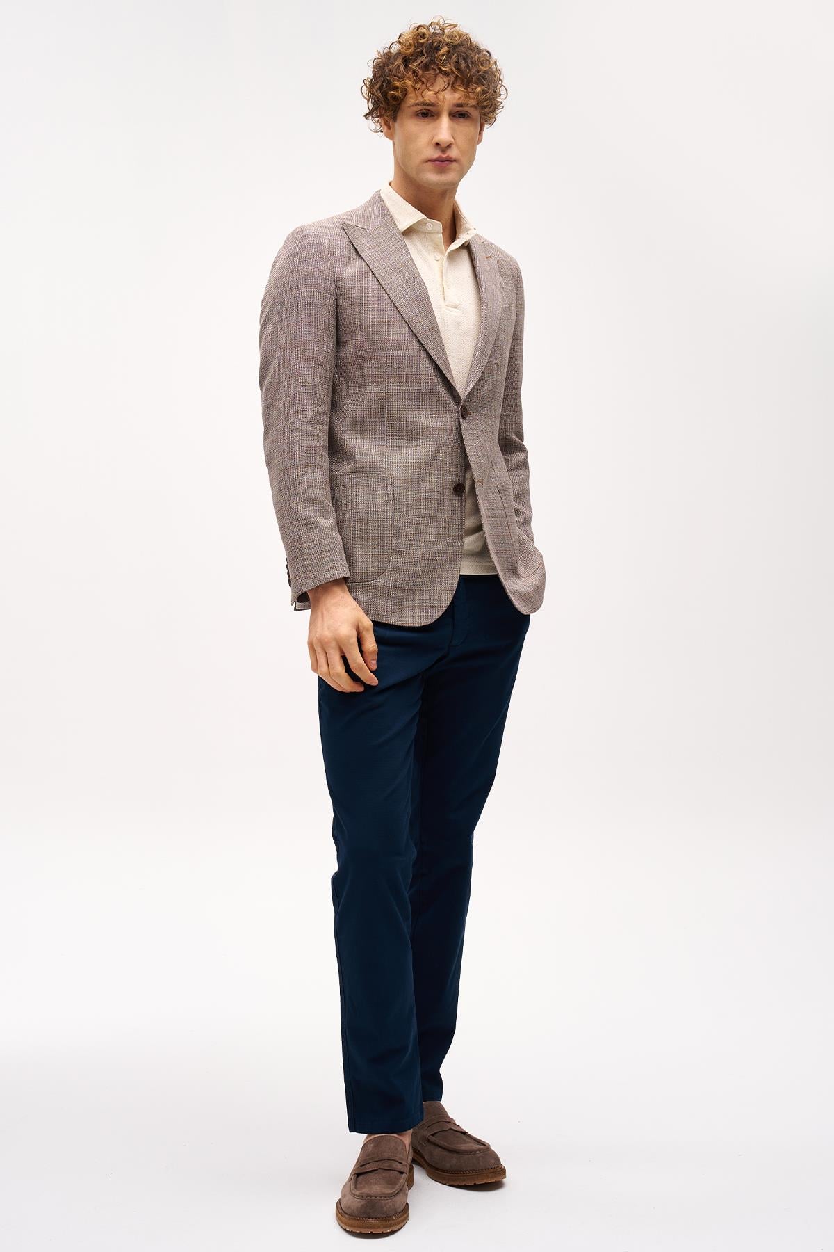Kahve Slim Fit Dar Kalıp Kırlangıç Yaka Çizgili Uzun Kollu Pamuklu Ceket