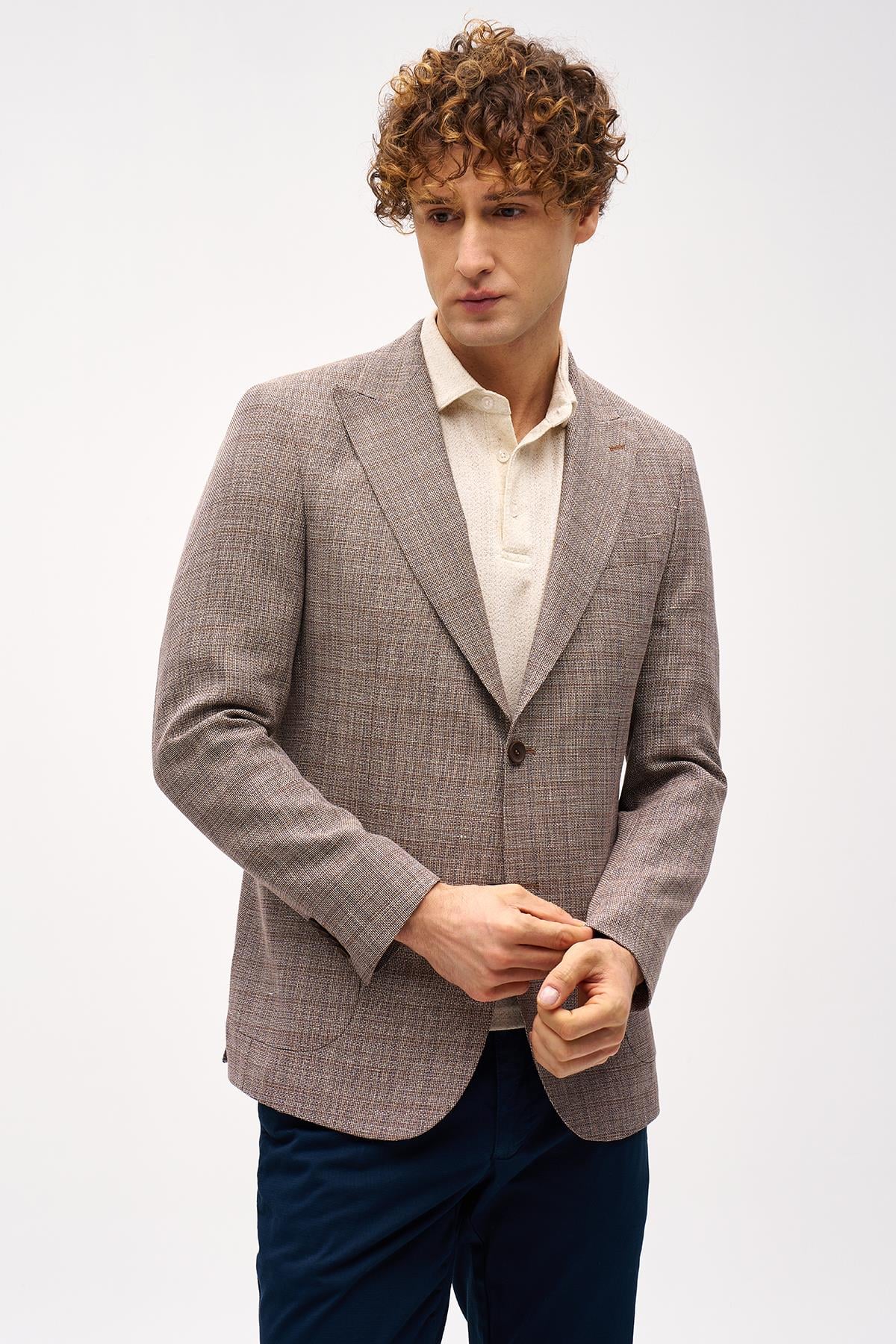 Kahve Slim Fit Dar Kalıp Kırlangıç Yaka Çizgili Uzun Kollu Pamuklu Ceket