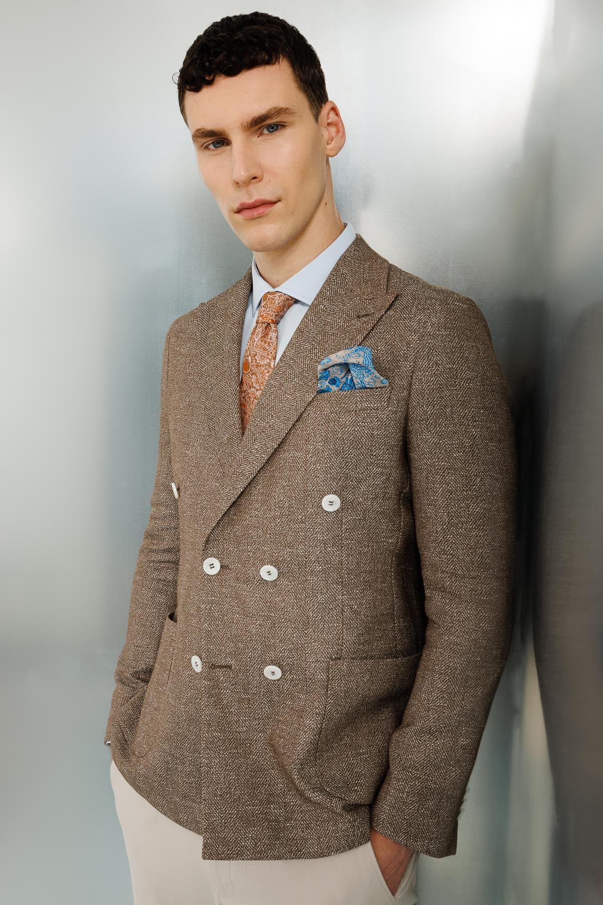 Erkek Kahve Slim Fit / Dar Kalıp Geniş Kırlangıç Ceket