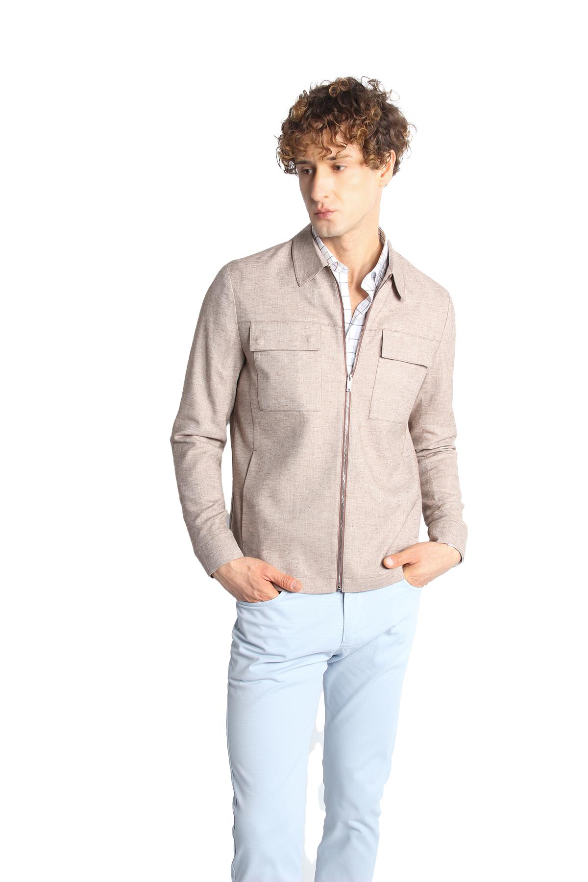 Kahve Regular Fit Gömlek Yaka Polyester Fermuarlı Mont