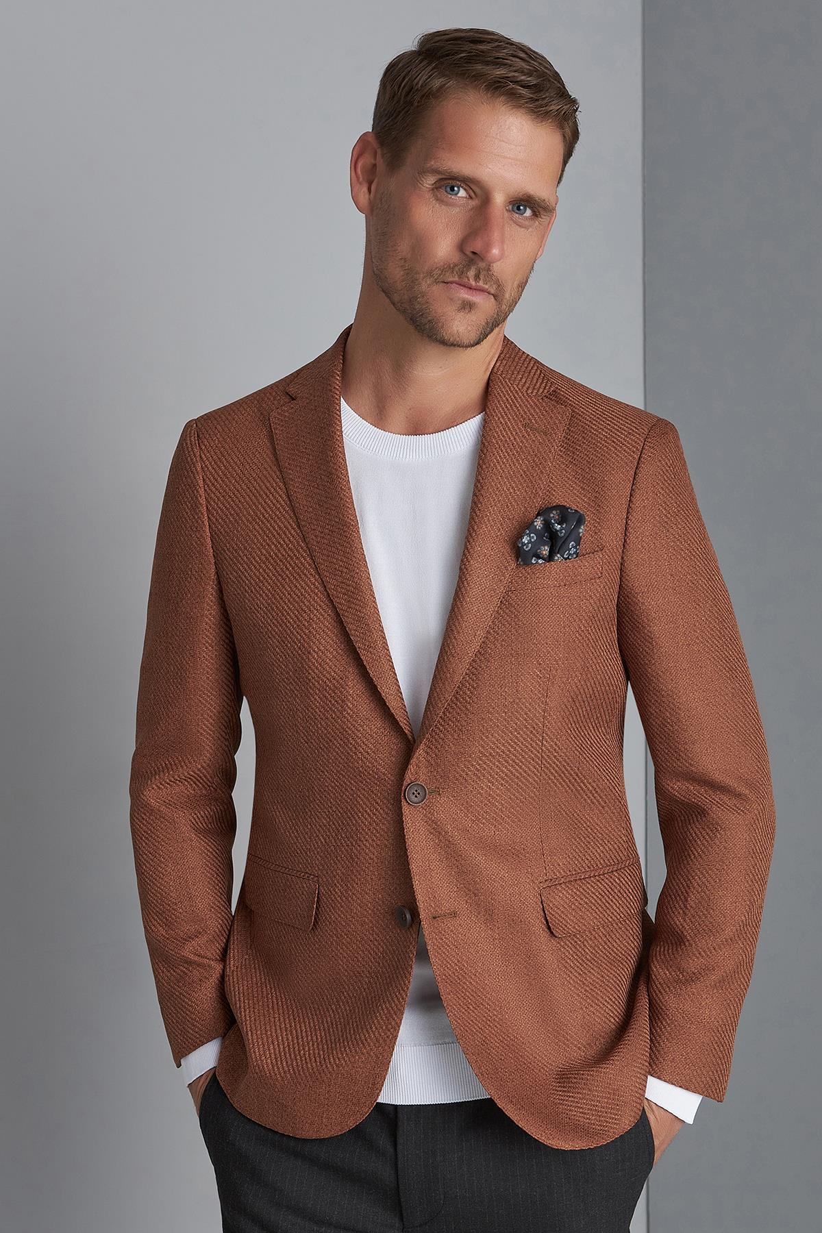 Erkek Kiremit Slim Fit / Dar Kalıp Mono Yaka Ceket