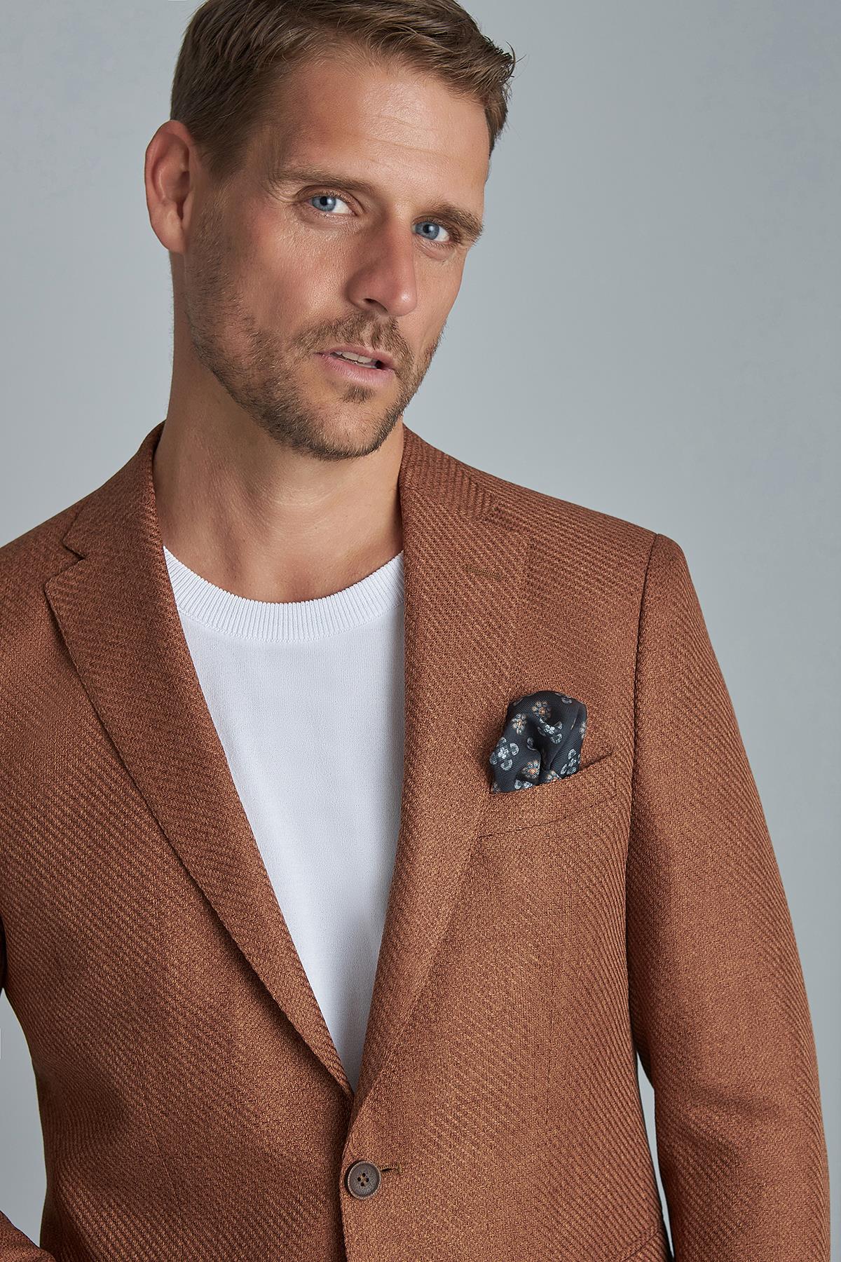 Erkek Kiremit Slim Fit / Dar Kalıp Mono Yaka Ceket