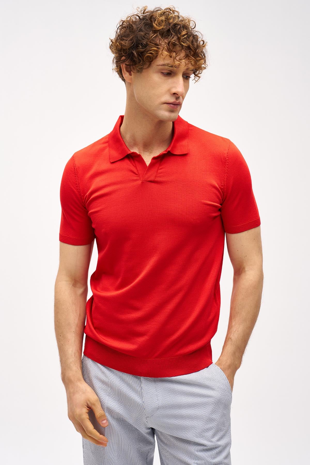 Erkek Kırmızı Slim Fit Dar Kalıp Polo Yaka Düz Kısa Kollu Triko Tişört