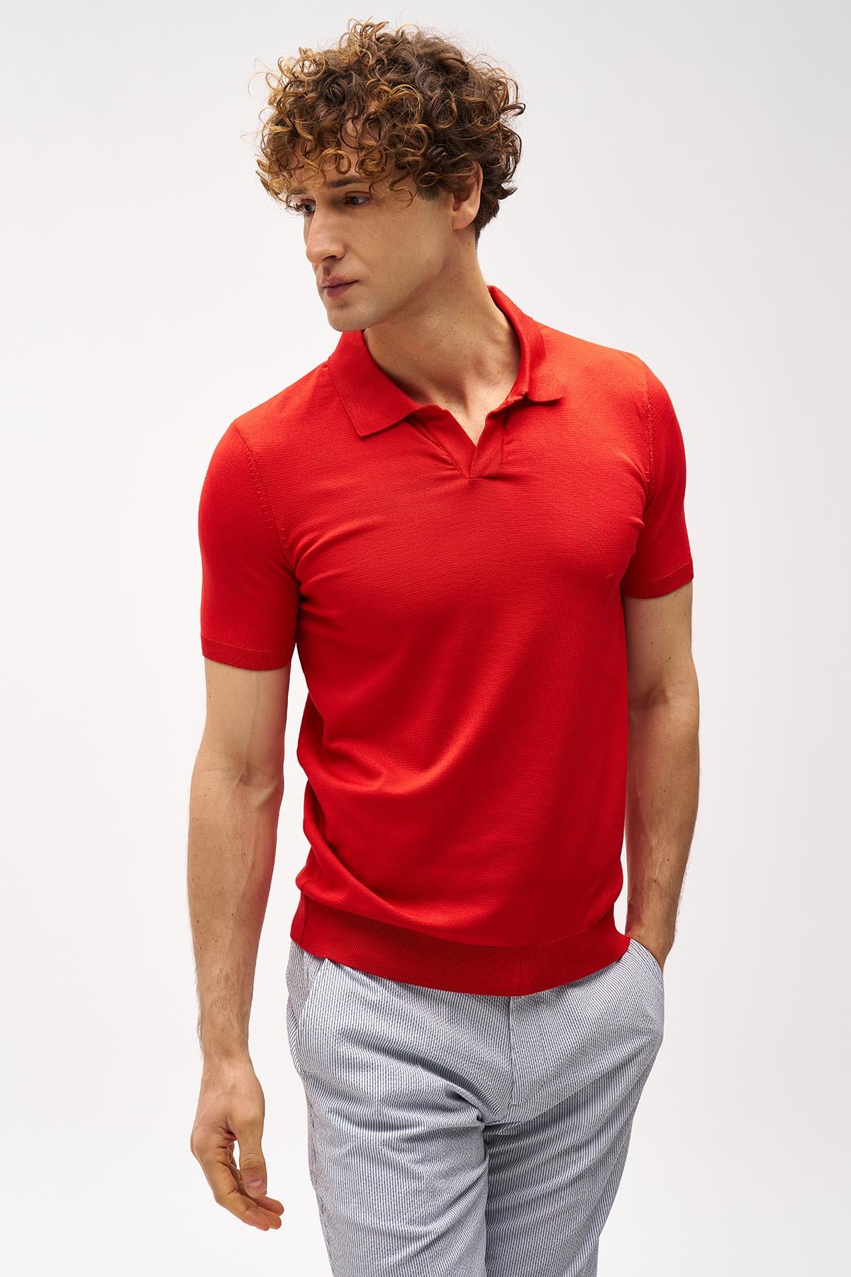 Erkek Kırmızı Slim Fit Dar Kalıp Polo Yaka Düz Kısa Kollu Triko Tişört