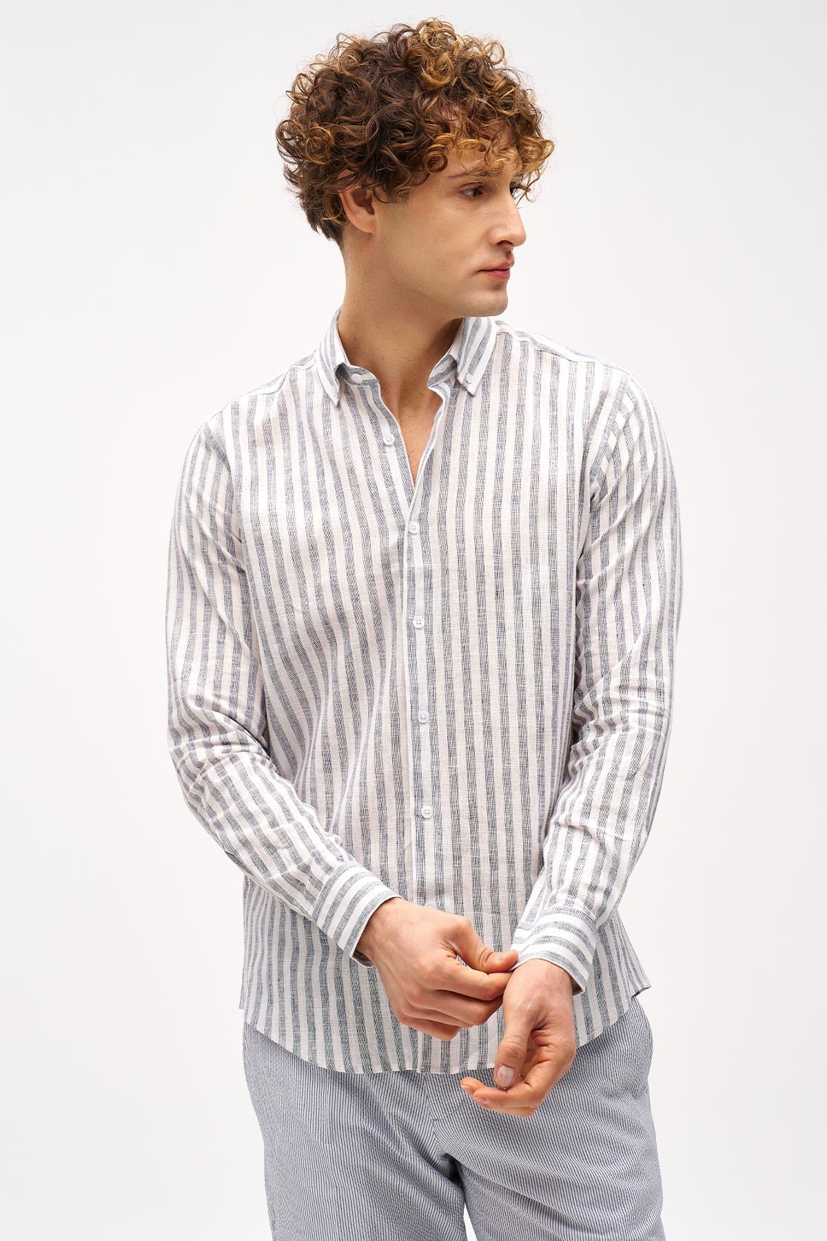 Lacivert Dynamic Fit  Düğmeli Yaka Çizgili Uzun Kollu Cepsiz Pamuklu Gömlek