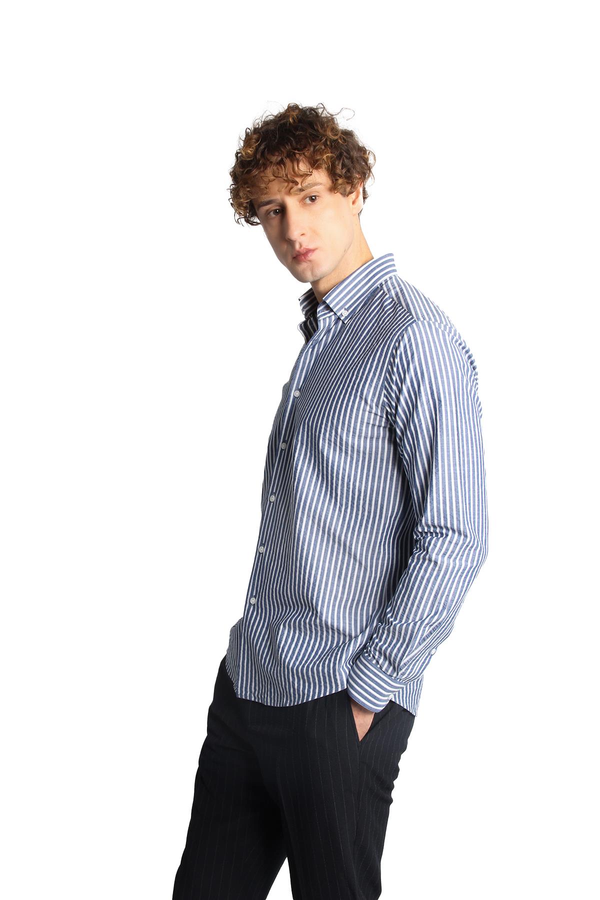 Lacivert Dynamic Fit  Düğmeli Yaka Çizgili Uzun Kollu Cepsiz %100 Pamuk Gömlek